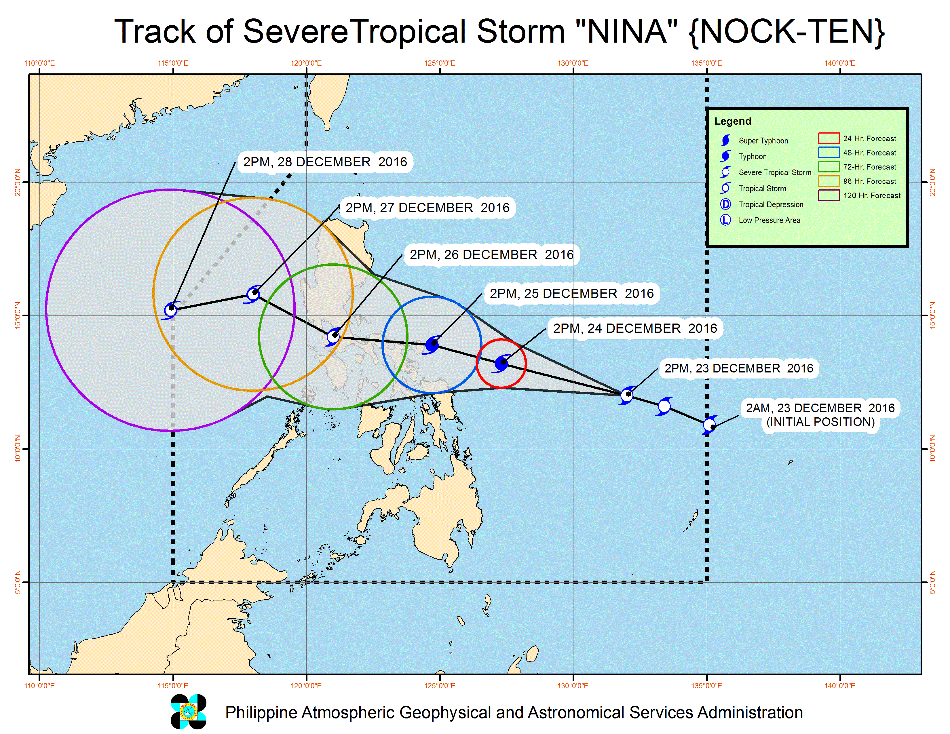 Forecast track of Severe Tropical Storm Nina as of December 23, 5 pm. Image courtesy of PAGASA 