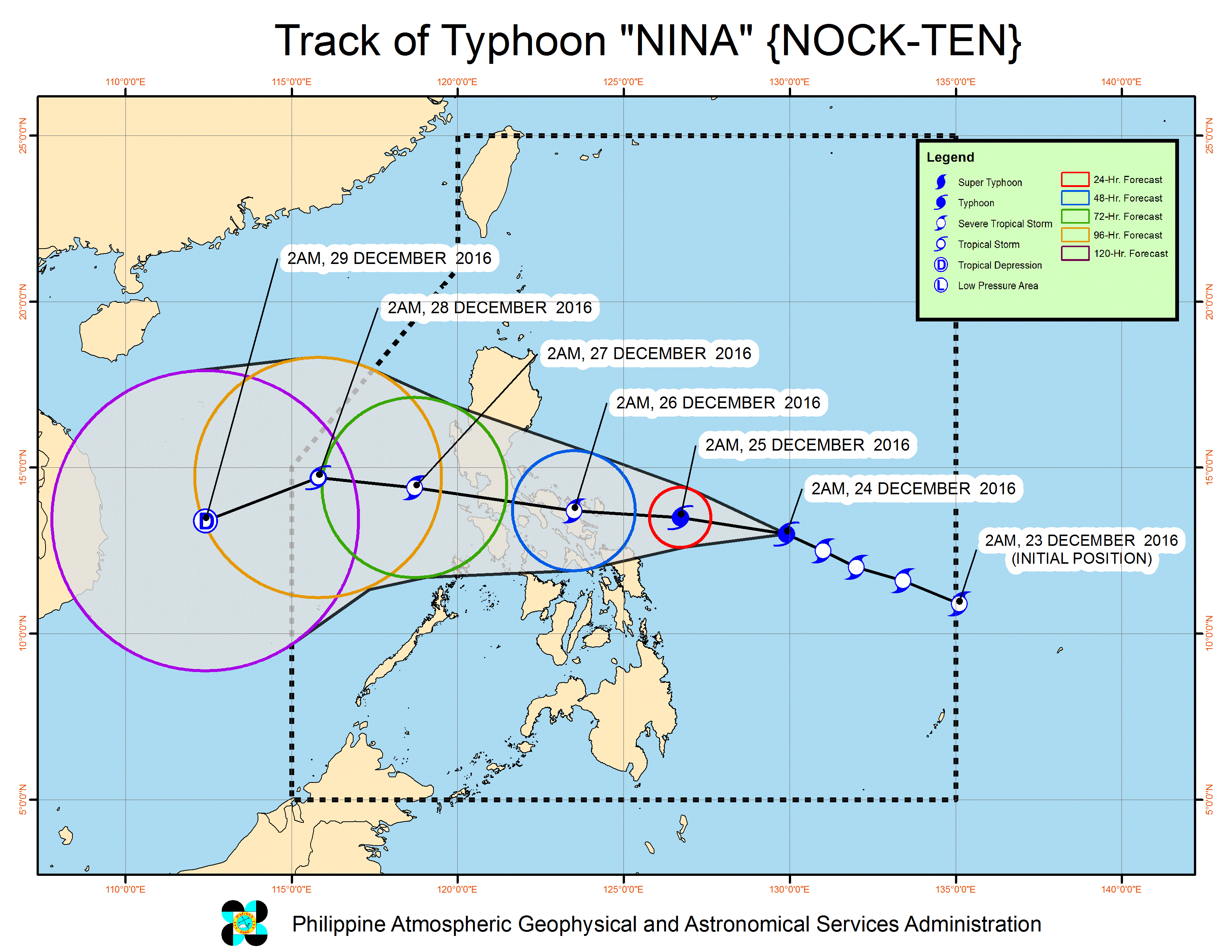 Forecast track of Typhoon Nina as of December 24, 5 am. Image courtesy of PAGASA 