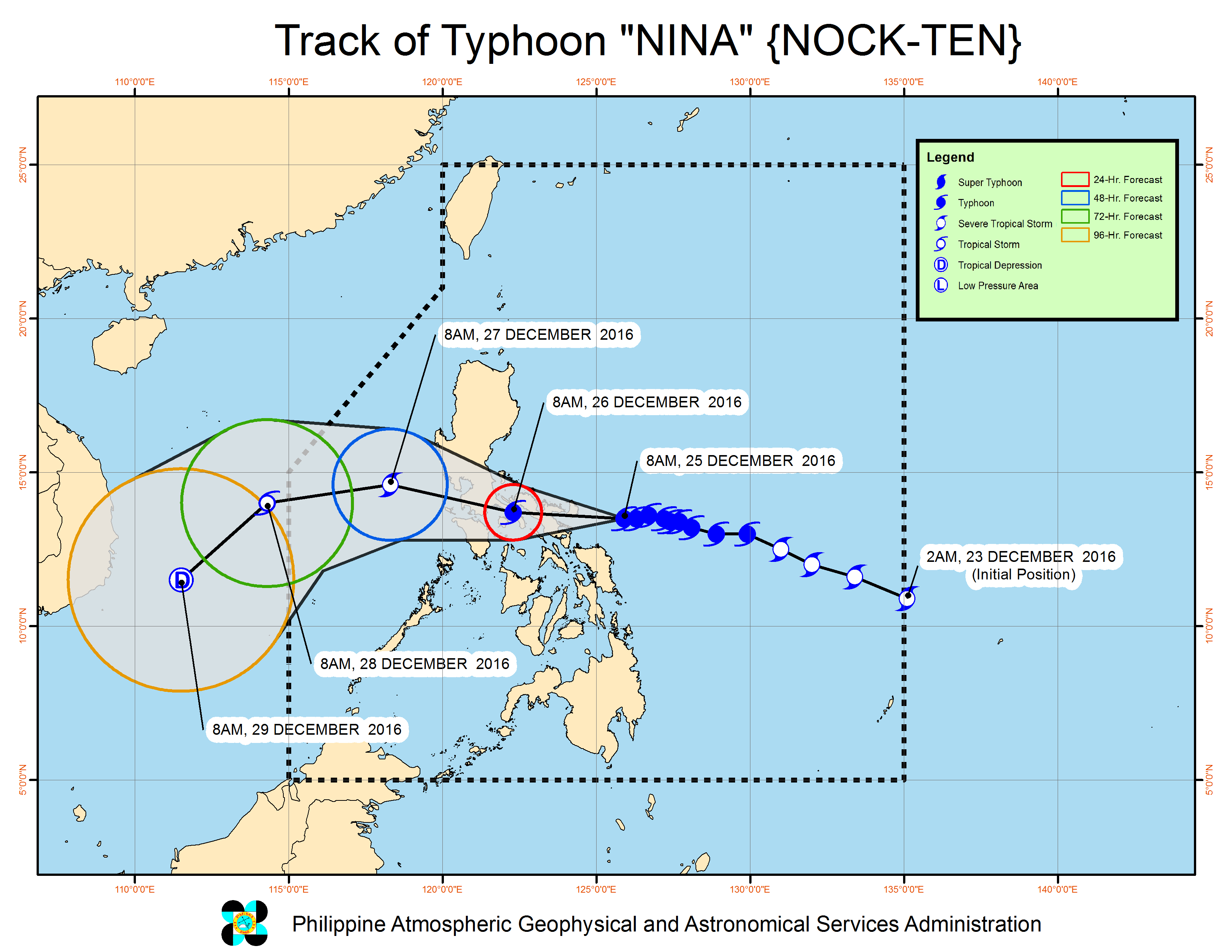 Forecast track of Typhoon Nina as of December 25, 11 am. Image courtesy of PAGASA  