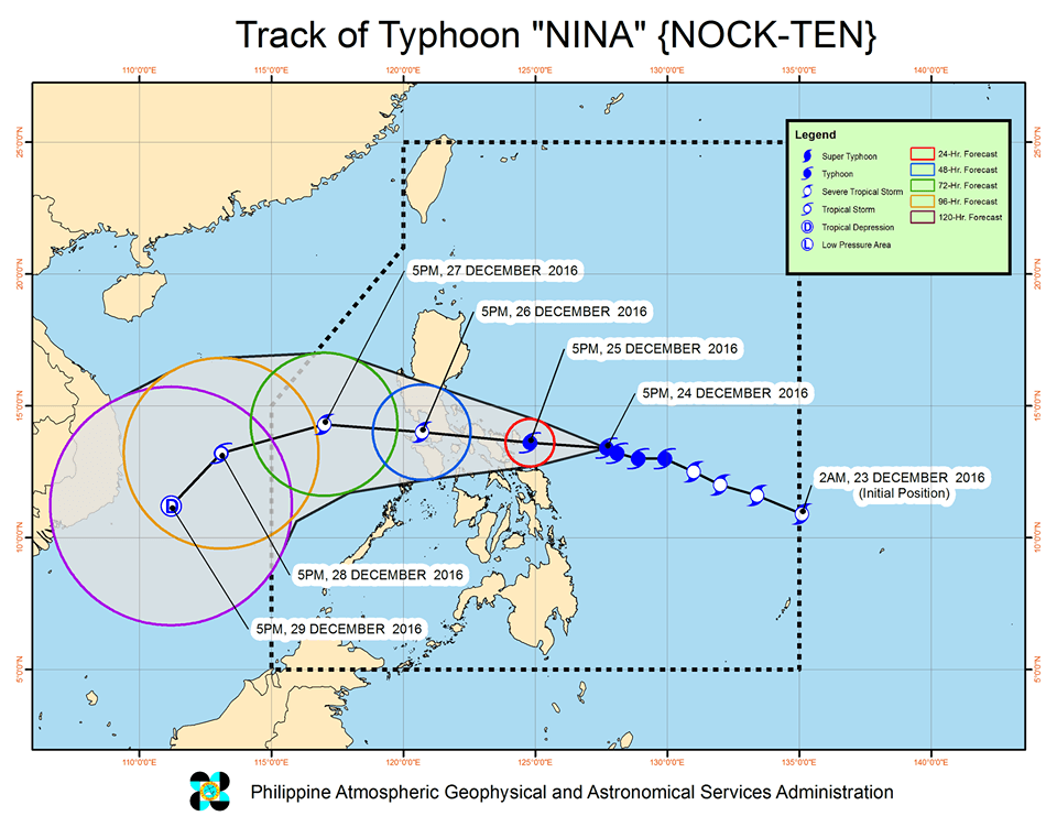 Forecast track of Typhoon Nina as of December 24, 8 pm. Image courtesy of PAGASA  