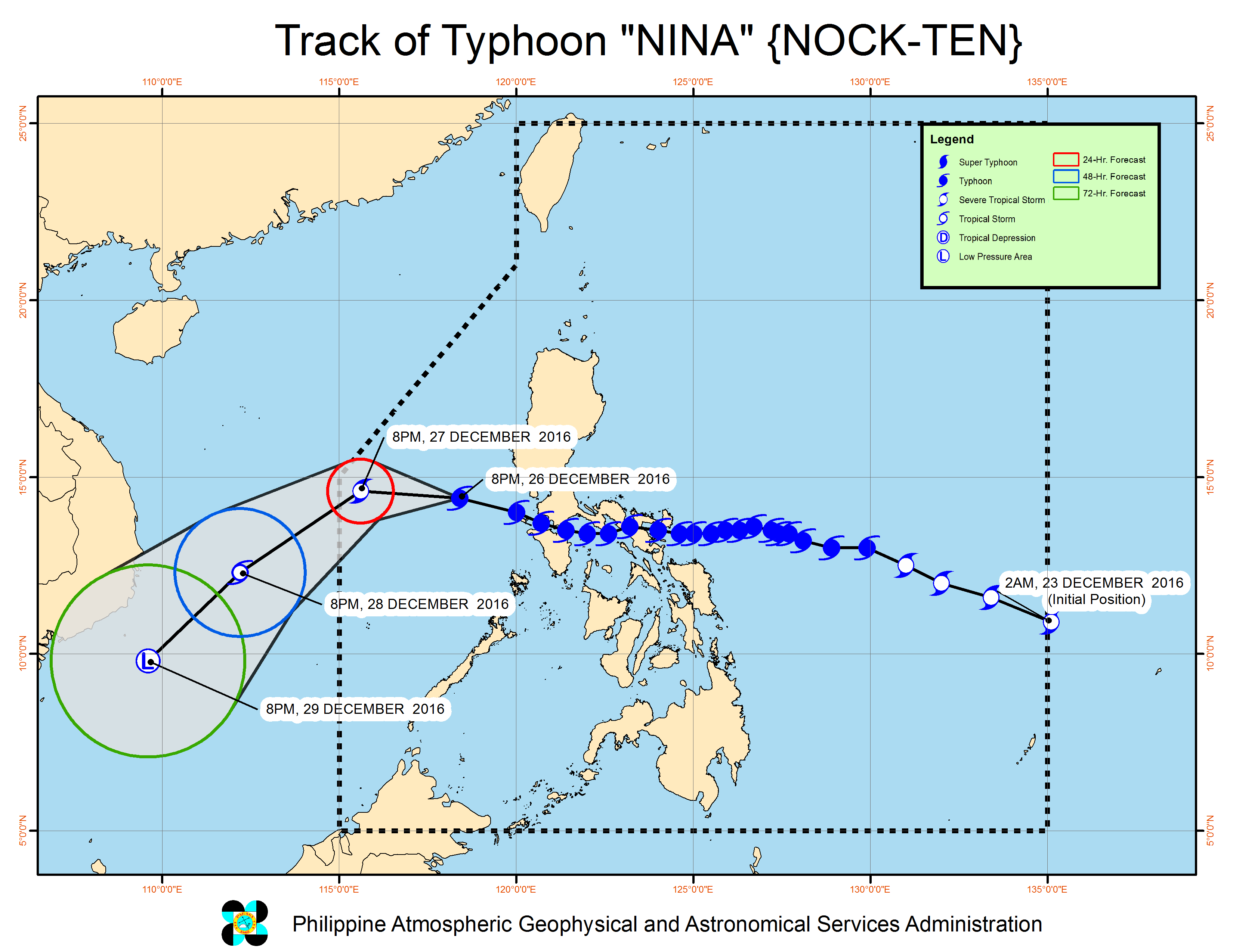 Forecast track of Typhoon Nina as of December 26, 11 pm. Image courtesy of PAGASA 