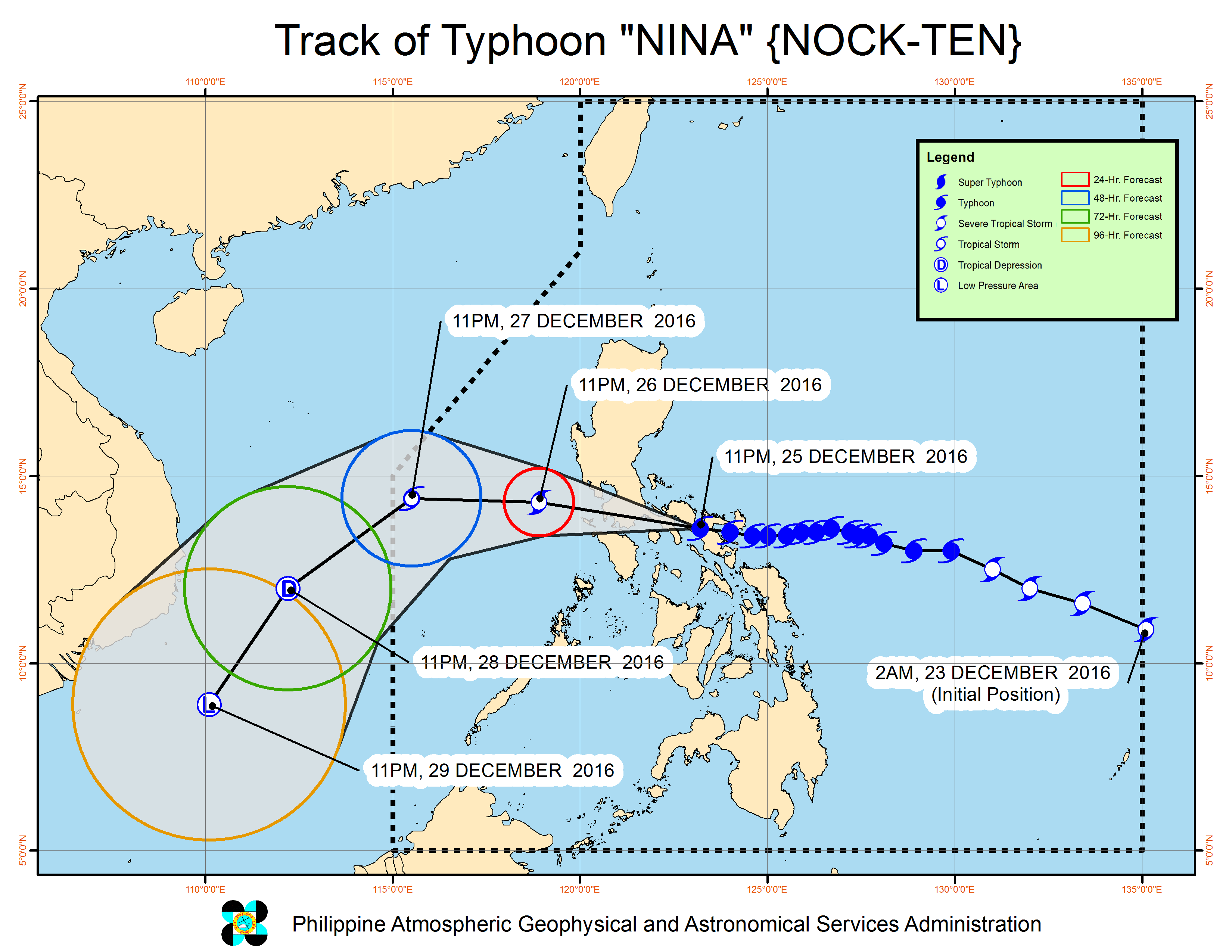 Forecast track of Typhoon Nina as of December 26, 2 am. Image courtesy of PAGASA  