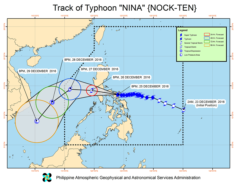 Forecast track of Typhoon Nina as of December 25, 11 pm. Image courtesy of PAGASA 