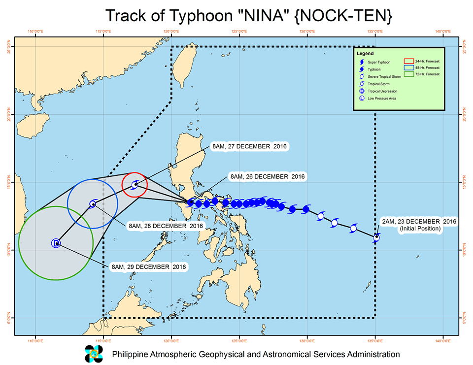 Forecast track of Typhoon Nina as of December 26, 11 am. Image courtesy of PAGASA 