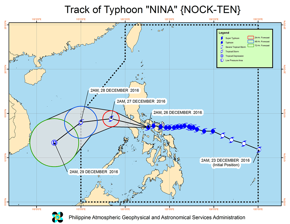 Forecast track of Typhoon Nina as of December 26, 5 am. Image courtesy of PAGASA 
