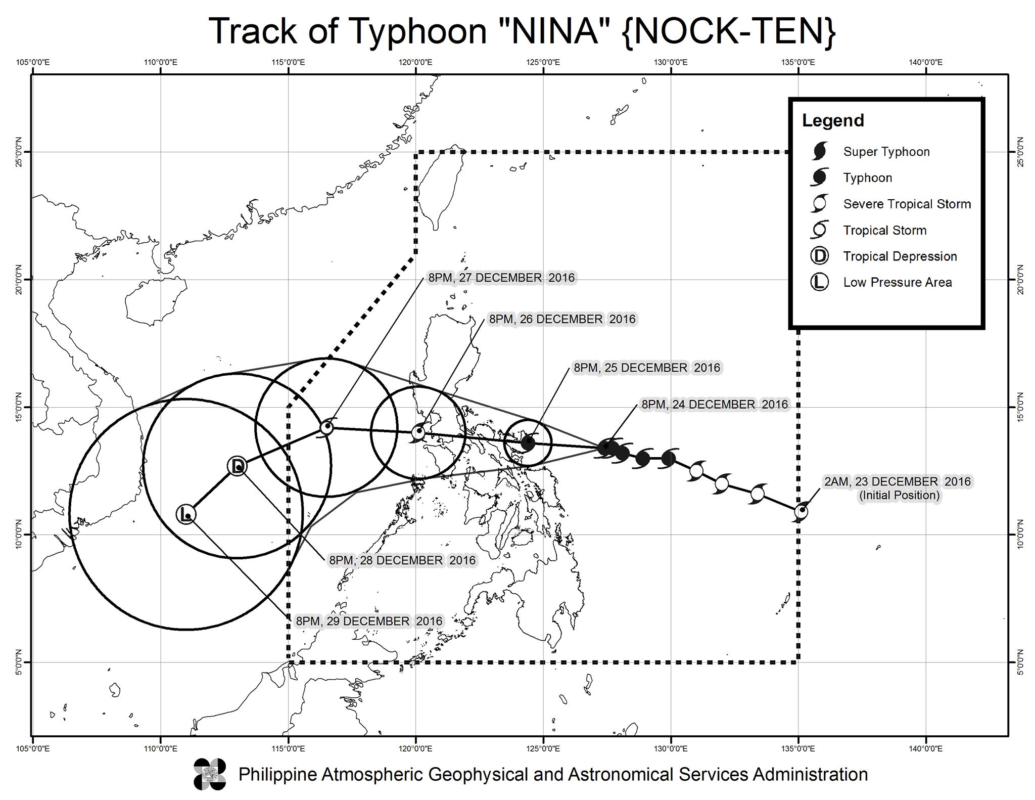 Forecast track of Typhoon Nina as of December 24, 11 pm. Image courtesy of PAGASA 