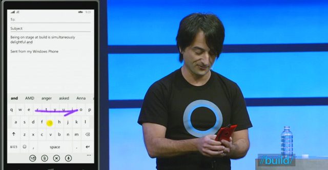 WORD FLOW. Windows Phone Chief Joe Belfiore demoes the enhanced keyboard on Windows Phone 8.1 during his keynote at the Microsoft Build Conference in San Francisco.