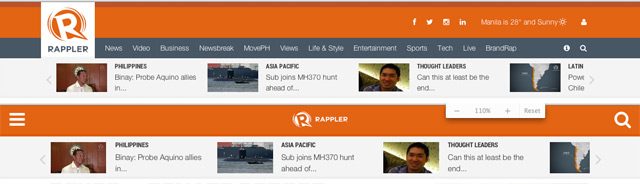 When viewed over 100% on a desktop or notebook computer Rappler switches from desktop view (top) to tablet view (bottom)