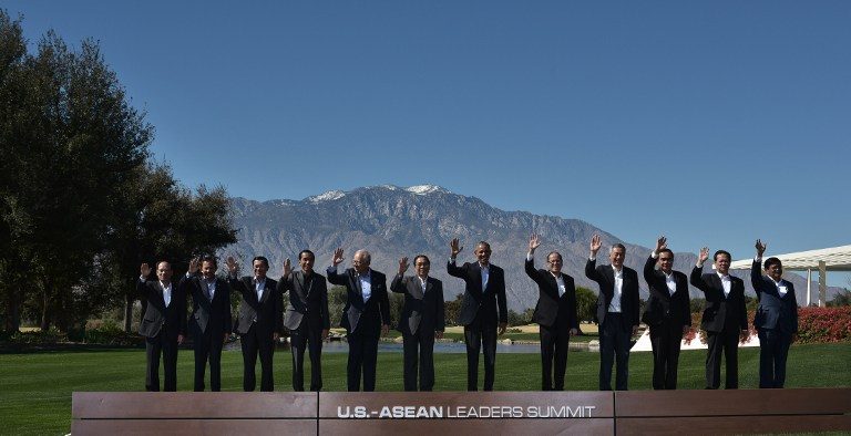 FAMILY PHOTO. US and ASEAN leaders take part in a group photo during a meeting of the Association of Southeast Asian Nations (ASEAN) at the Sunnylands estate on February 16, 2016 in Rancho Mirage, California. From left: ASEAN Secretary General Le Luong Minh, Brunei Sultan Hassanal Bolkiah, Cambodia Prime Minister Hun Sen, Indonesia President Joko Widodo, Malaysia Prime Minister Najib Razak, Laos President Choummaly Sayasone, US President Barack Obama, Philippine President Benigno Aquino, Singapore Prime Minister Lee Hsien Loong, Thailand Prime Minister Prayut Chan-O-Cha, Vietnam Prime Minister Nguyen Tan Dung, and Myanmar Vice President Nyan Tun. Mandel Ngan/AFP 