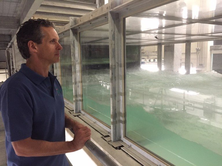 STATUS: 'STORMY' Brian Haus, professor in the department of ocean sciences at the University of Miami Rosenstiel School of Marine and Atmospheric Sciences, in Miami, Florida looks on as a storm rages inside the world's largest indoor hurricane simulator, known as SUSTAIN (short for SUrge-STructure-Atmosphere Interaction) on April 30, 2015. Kerry Sheridan/AFP 
