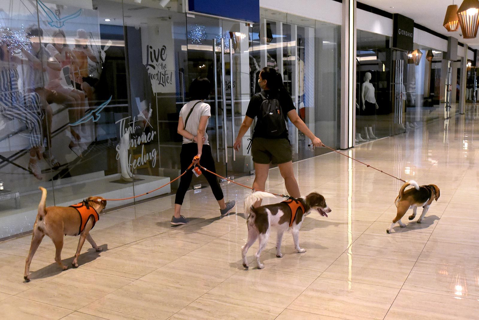 DOG DAY. Mall goers take their pets for a walk inside Eastwood Mall in Quezon City as it reopens on the first day of the MECQ on May 16, 2020, Photo by Angie de Silva/Rappler 