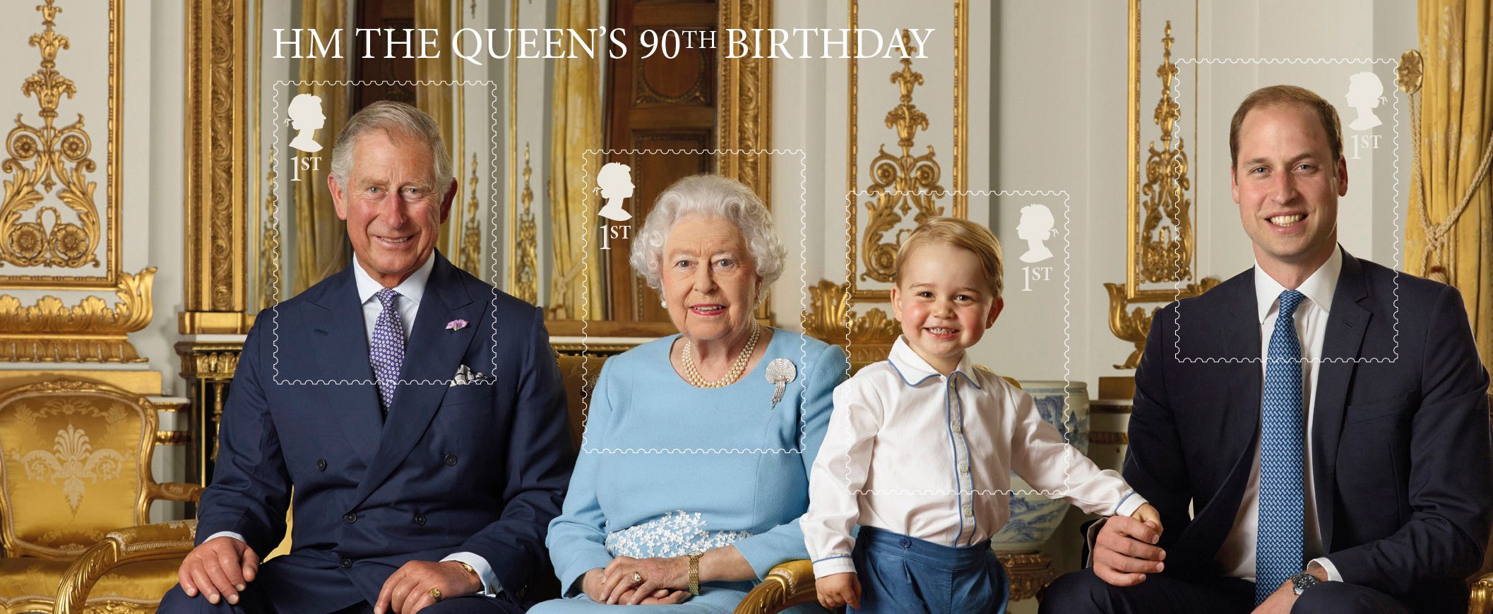 COMMEMORATIVE STAMPS. A stamp sheet issued by the Royal Mail to mark the 90th birthday of Queen Elizabeth II featuring four generations of the Royal family. The picture was taken in the summer of 2015 in the White Drawing Room at Buckingham Palace, London, United Kingdom The Queen celebrates her 90th birthday on April 21, Thursday. Photo by Ranald Mackechnie/Royal Mail/EPA 