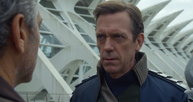 HUGH LAURIE. George Clooney's character Frank faces David Nix in 'Tomorrowland. Photo courtesy of Disney 