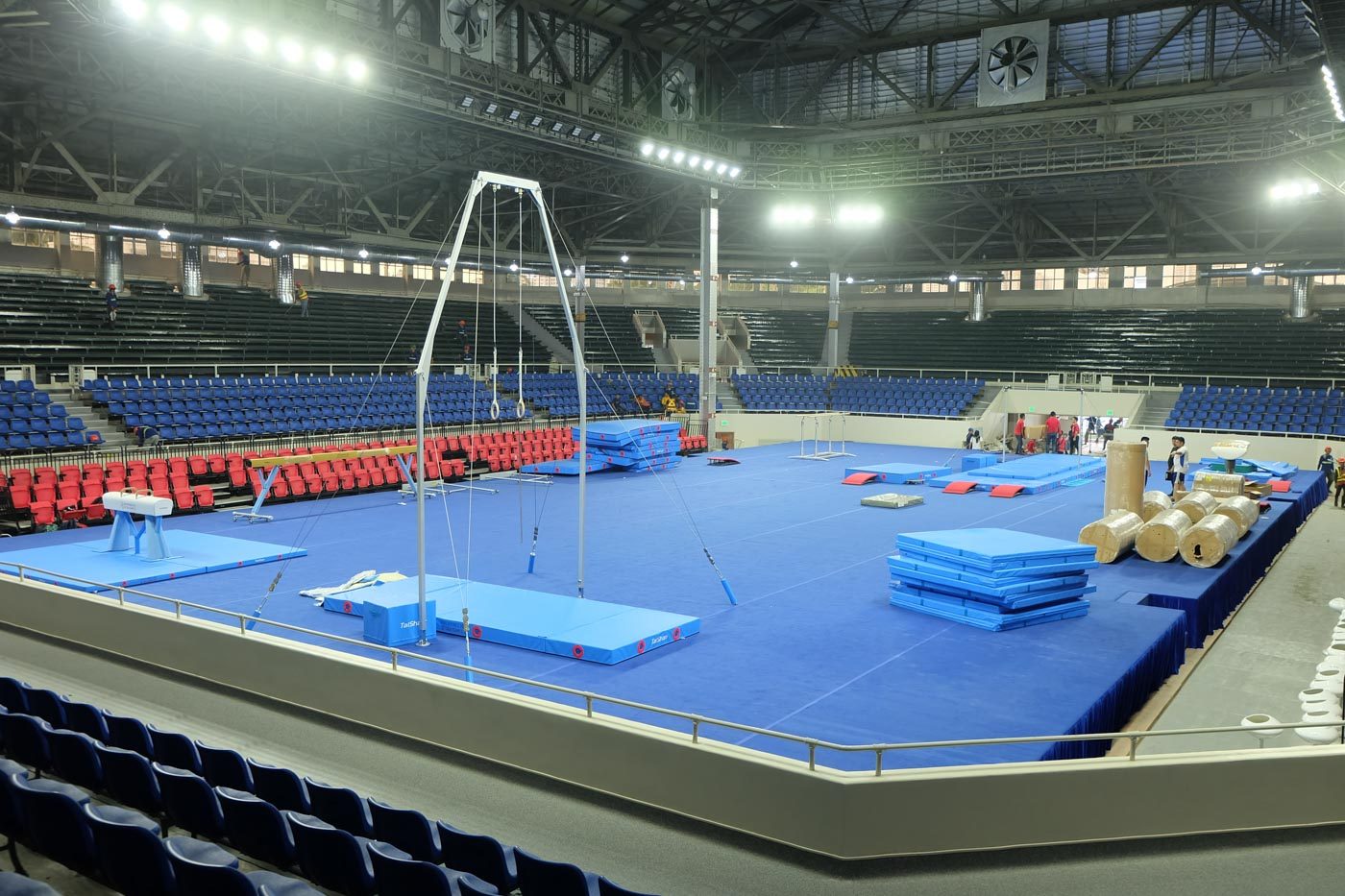 SETTING UP. Brand new gymnastics equipment will be used in the 2019 SEA Games. Photo by Beatrice Go/Rappler 