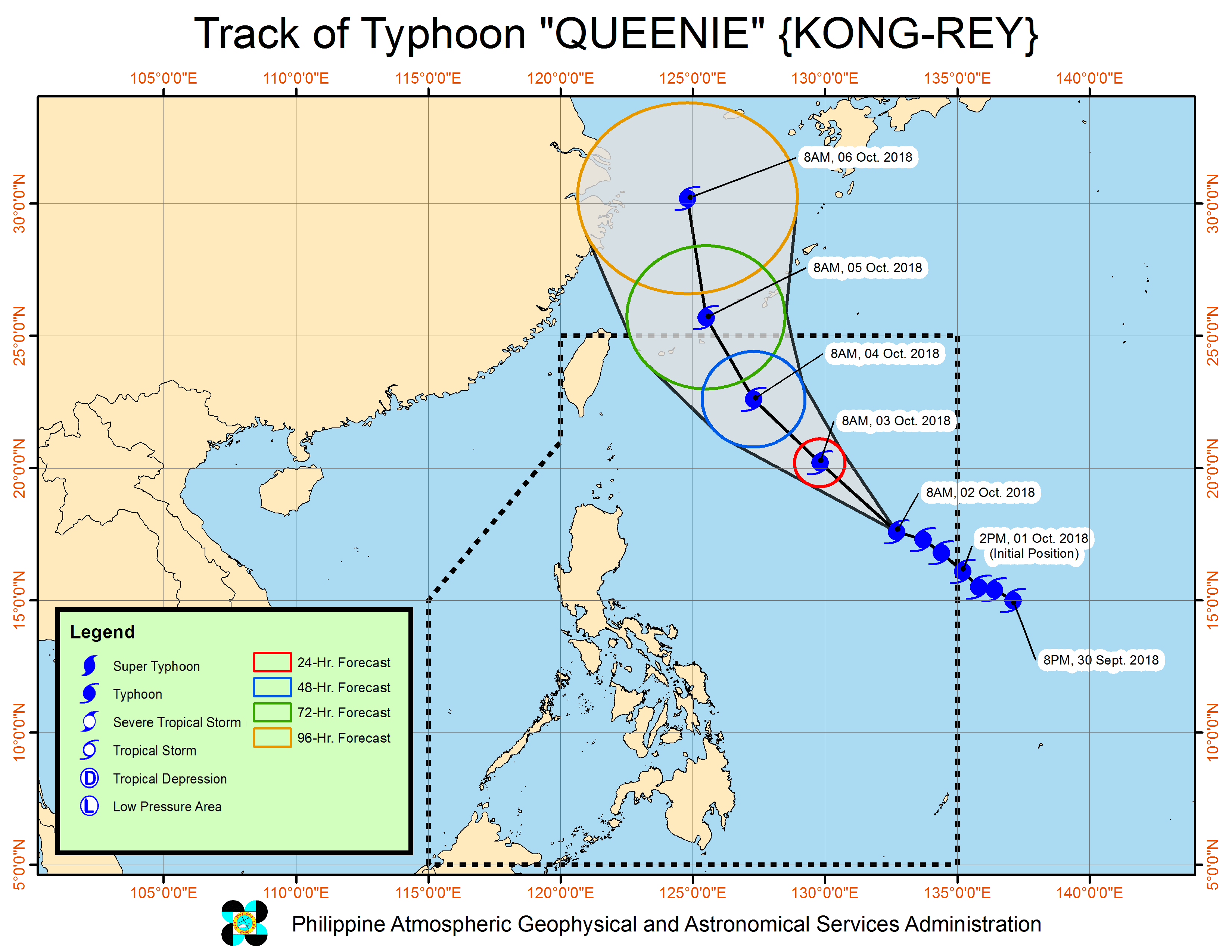 Forecast track of Typhoon Queenie (Kong-rey) as of October 2, 2018, 11 am. Image from PAGASA 
