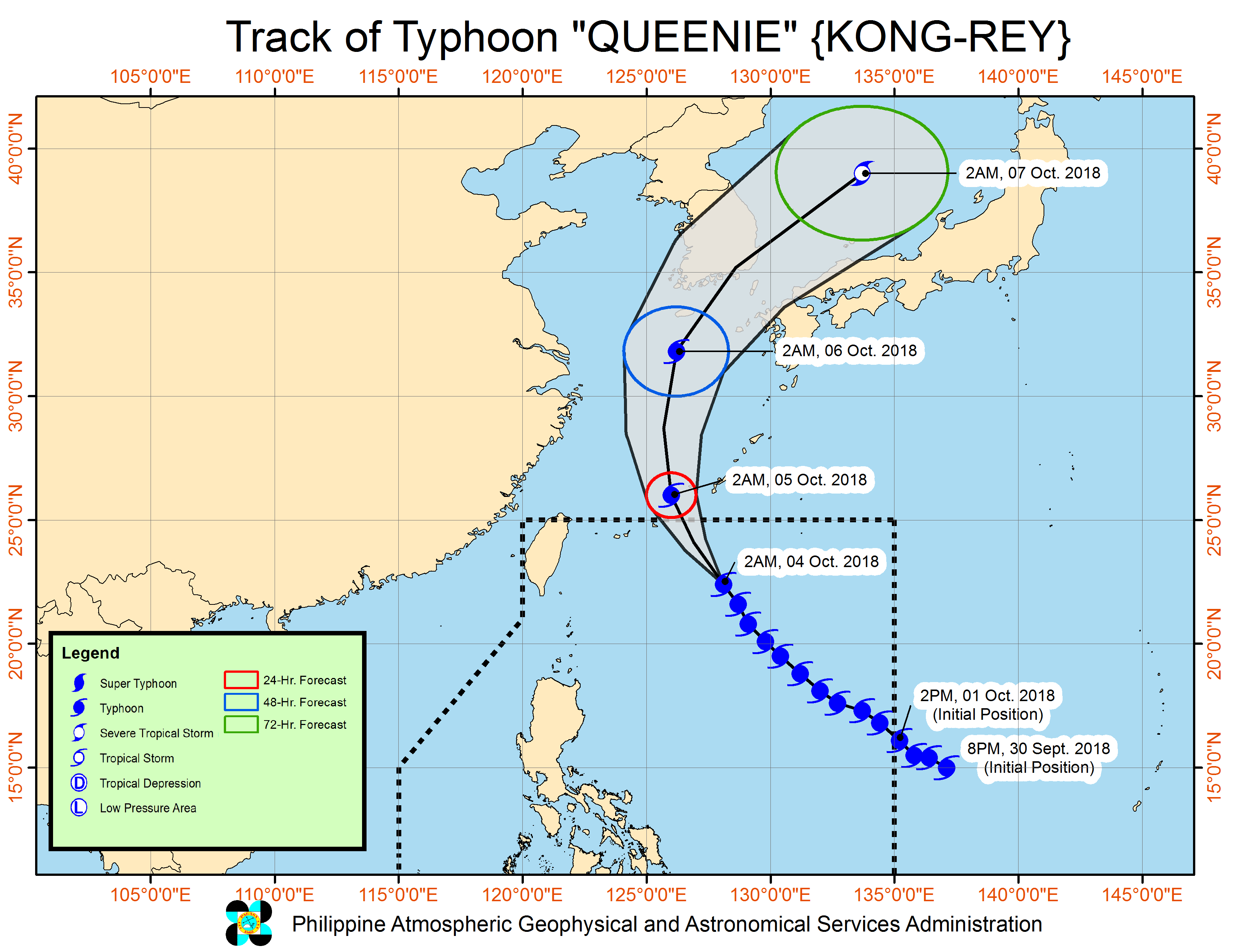 Forecast track of Typhoon Queenie (Kong-rey) as of October 4, 2018, 4 am. Image from PAGASA  