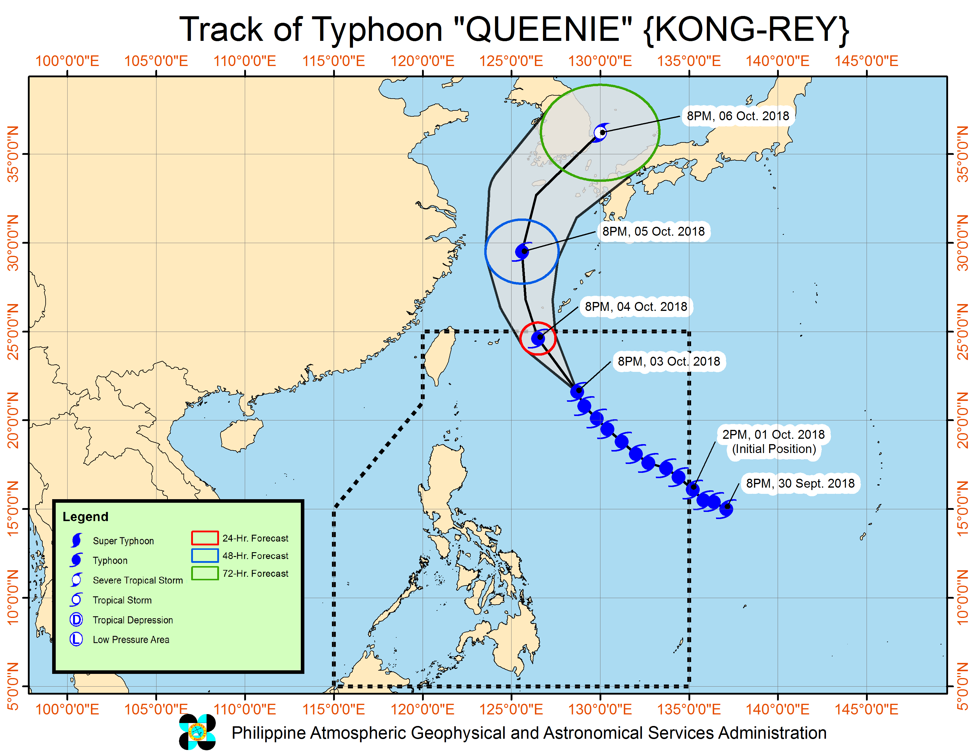 Forecast track of Typhoon Queenie (Kong-rey) as of October 3, 2018, 11 pm. Image from PAGASA  
