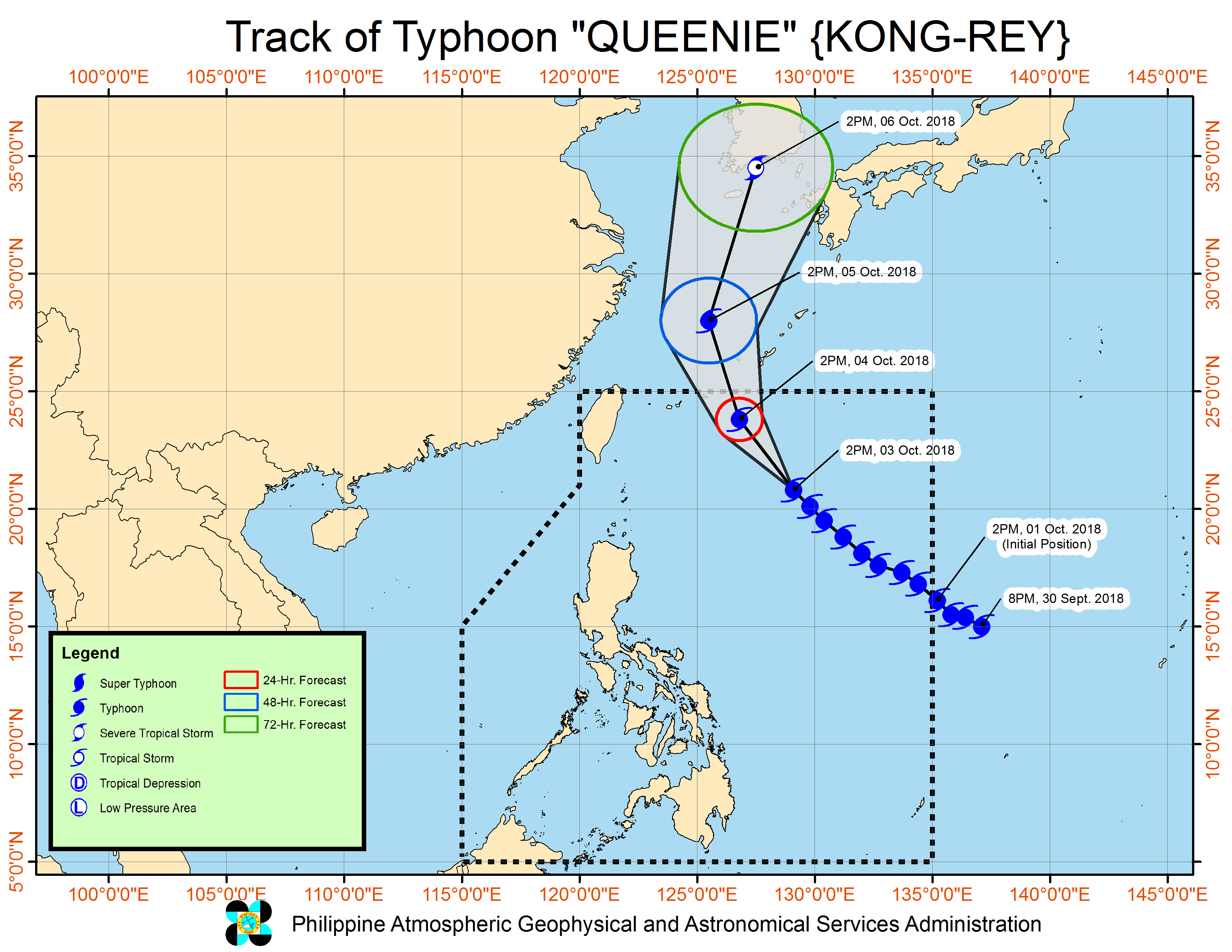 Forecast track of Typhoon Queenie (Kong-rey) as of October 3, 2018, 5 pm. Image from PAGASA  