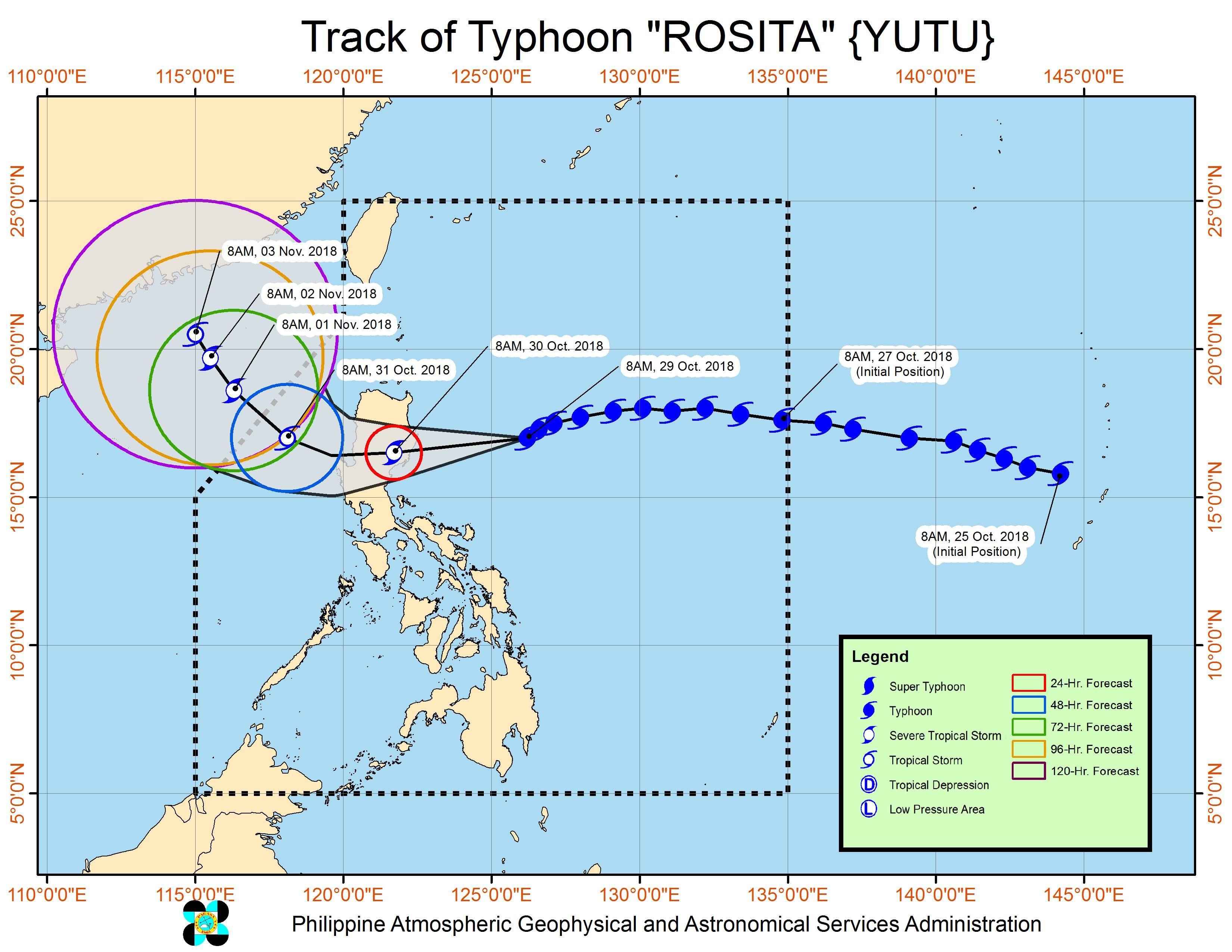 Forecast track of Typhoon Rosita (Yutu) as of October 29, 2018, 11 am. Image from PAGASA 