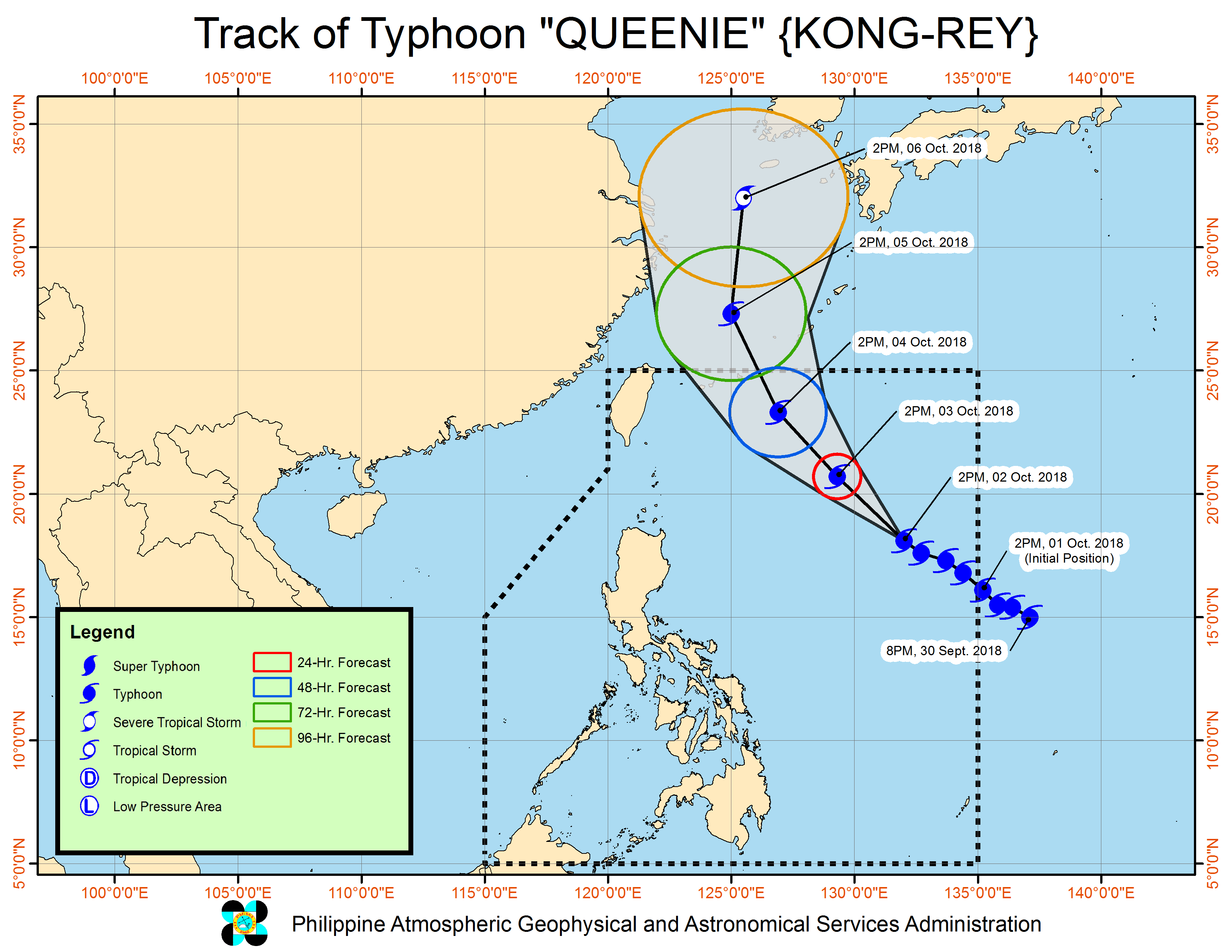 Forecast track of Typhoon Queenie (Kong-rey) as of October 2, 2018, 5 pm. Image from PAGASA 