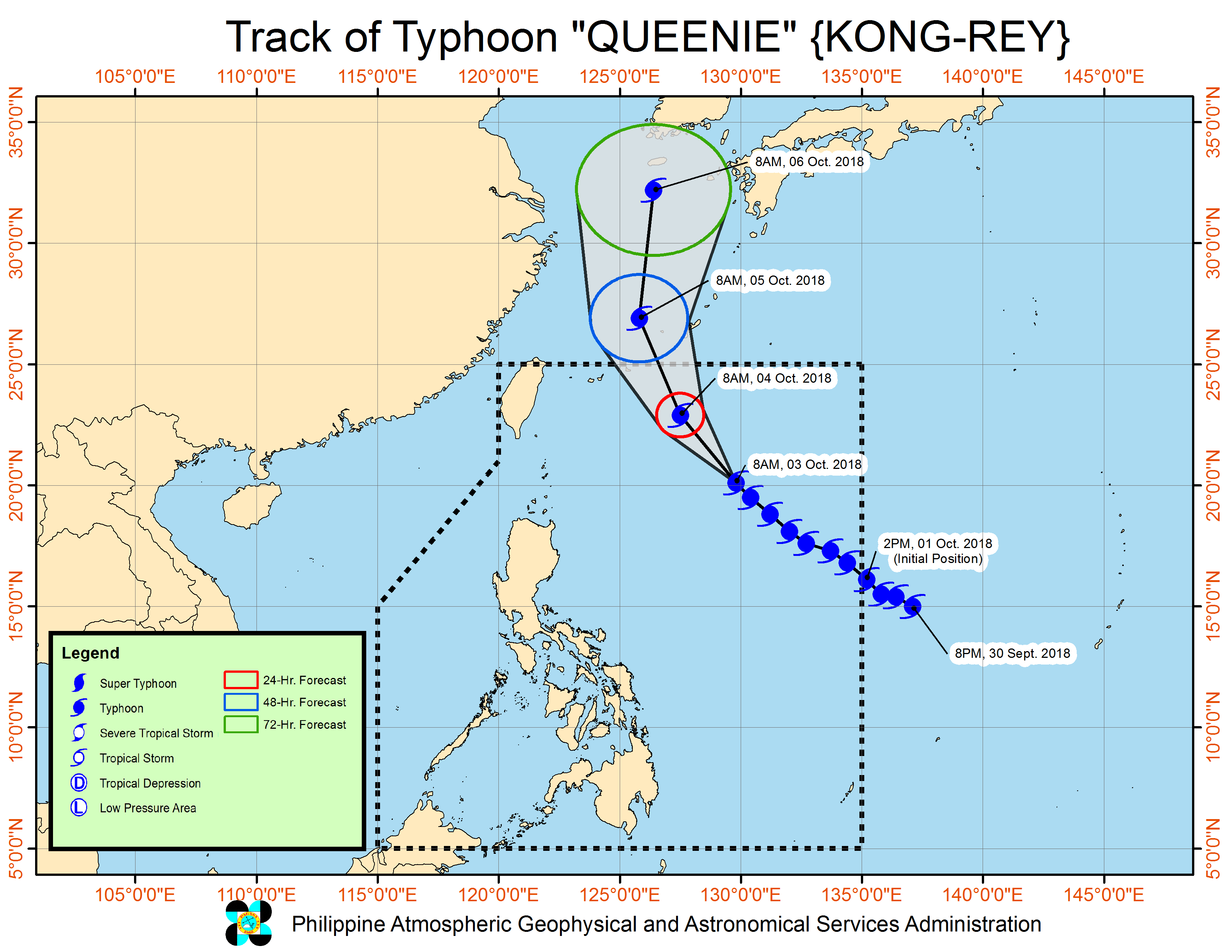 Forecast track of Typhoon Queenie (Kong-rey) as of October 3, 2018, 11 am. Image from PAGASA  