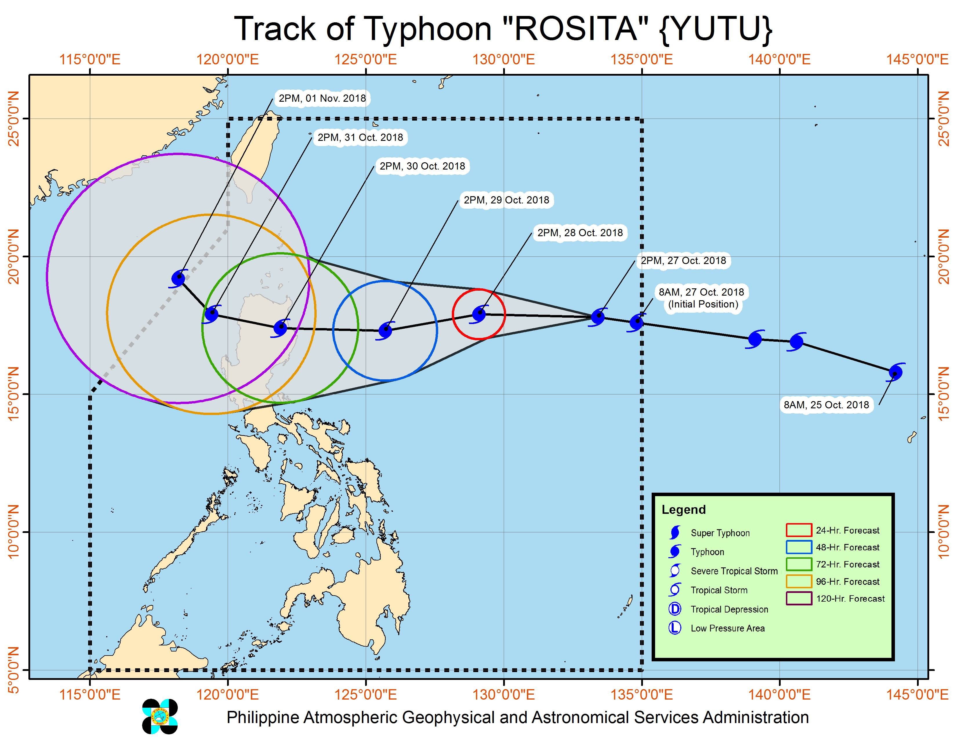 Forecast track of Typhoon Rosita (Yutu) as of October 27, 2018, 4 pm. Image from PAGASA 