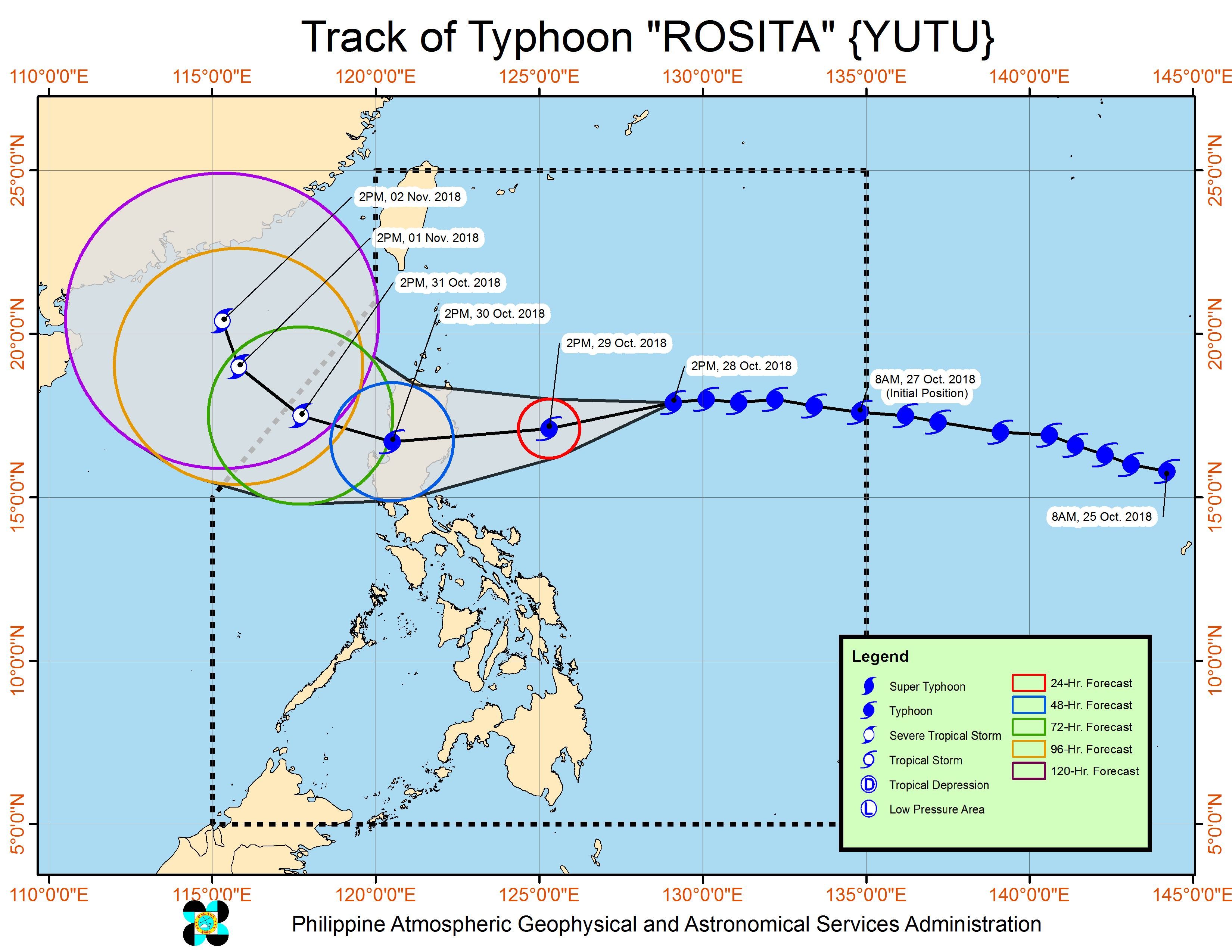 Forecast track of Typhoon Rosita (Yutu) as of October 28, 2018, 5 pm. Image from PAGASA 