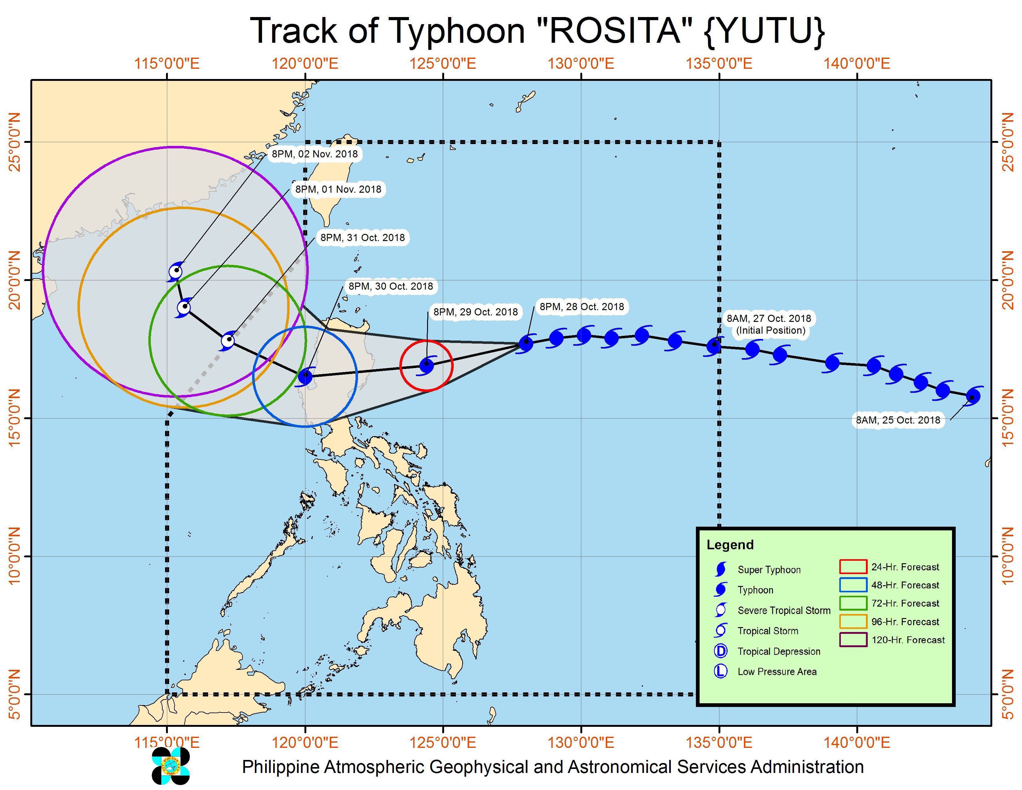 Forecast track of Typhoon Rosita (Yutu) as of October 28, 2018, 11 pm. Image from PAGASA 