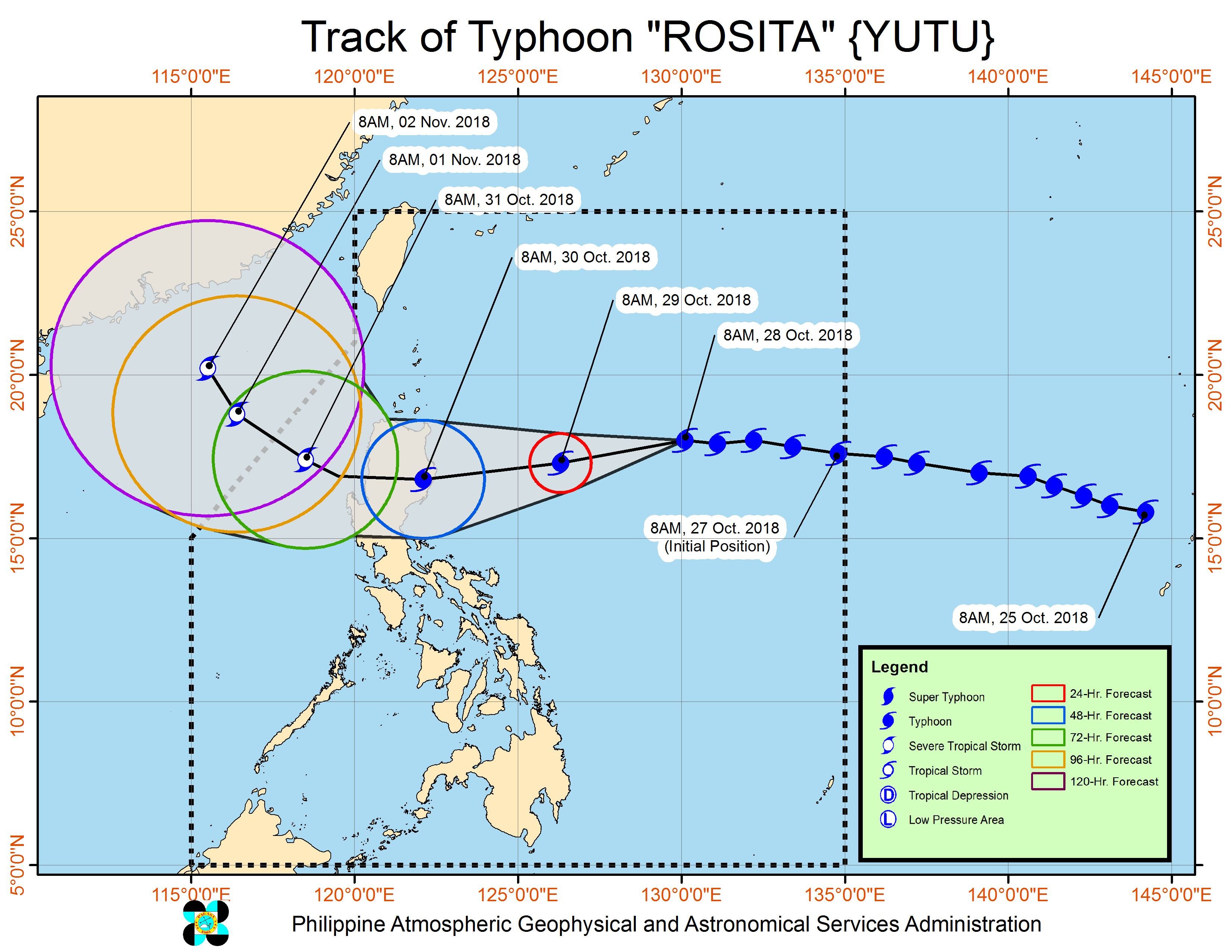 Forecast track of Typhoon Rosita (Yutu) as of October 28, 2018, 11 am. Image from PAGASA 