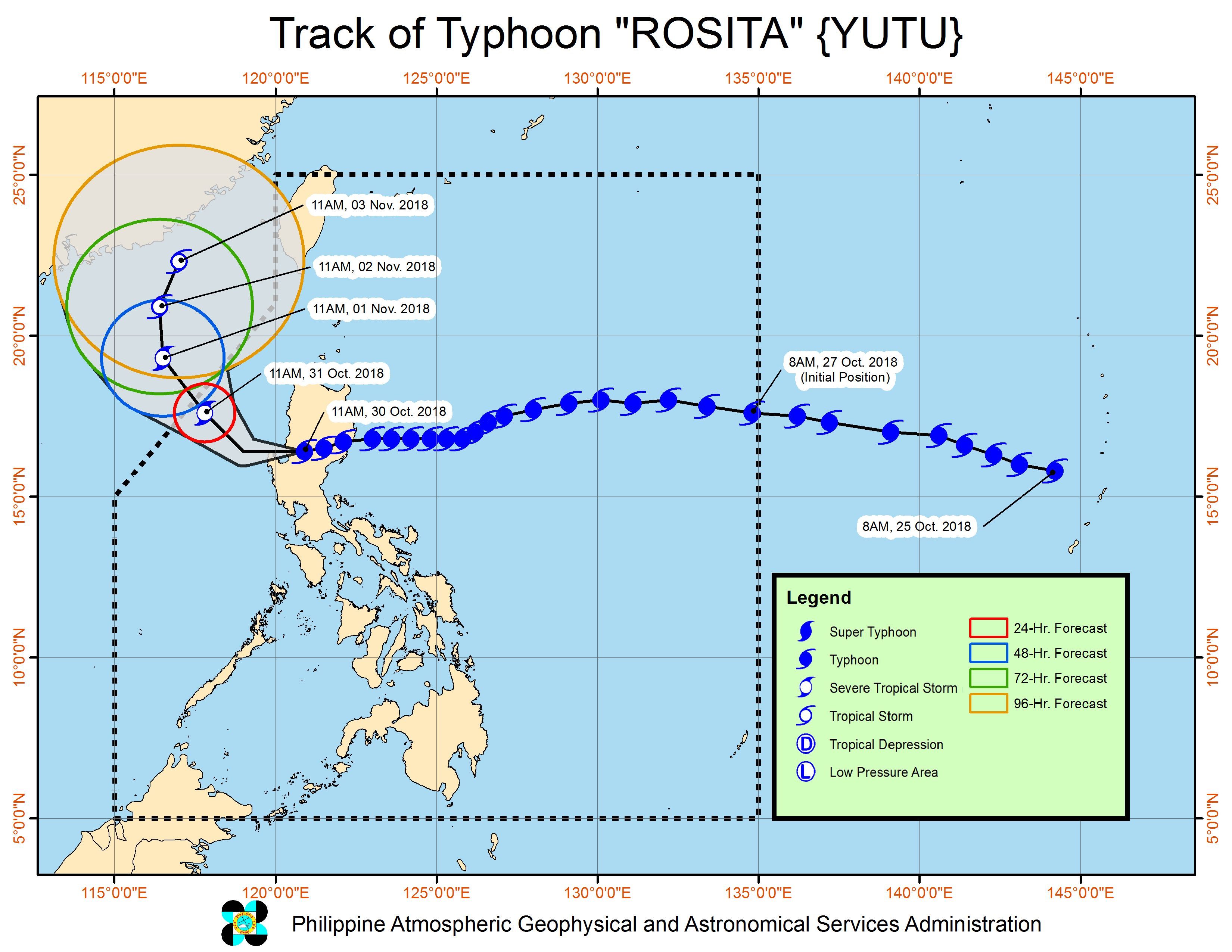 Forecast track of Typhoon Rosita (Yutu) as of October 30, 2018, 2 pm. Image from PAGASA 