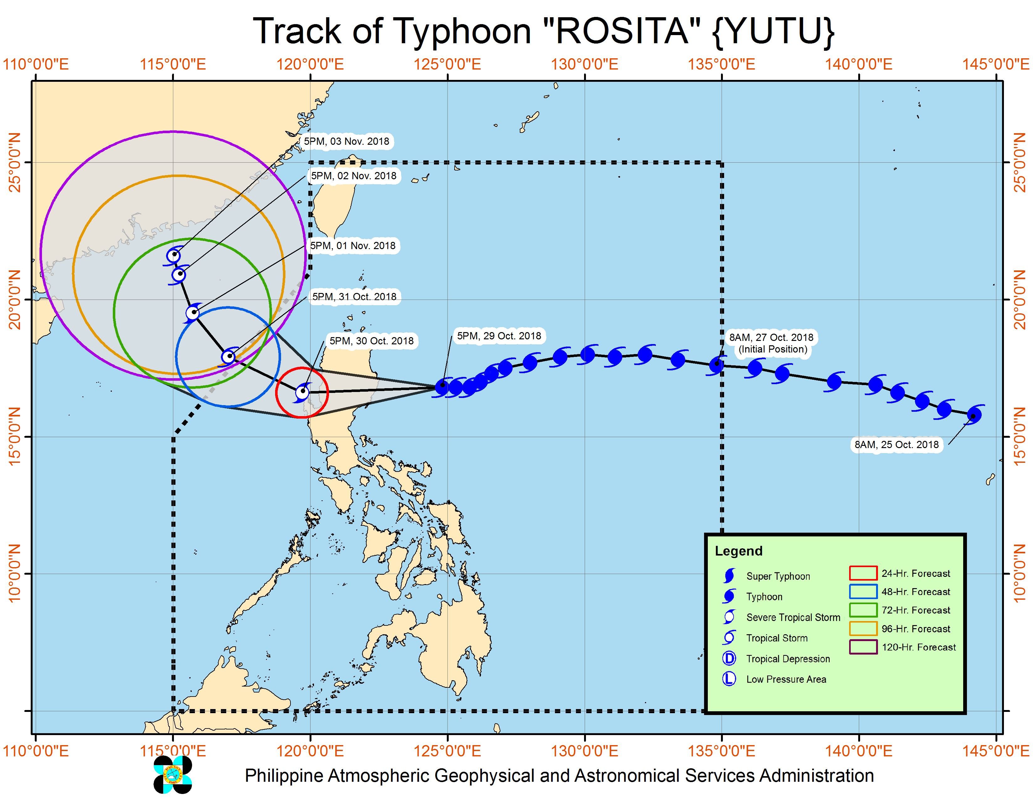 Forecast track of Typhoon Rosita (Yutu) as of October 29, 2018, 8 pm. Image from PAGASA 