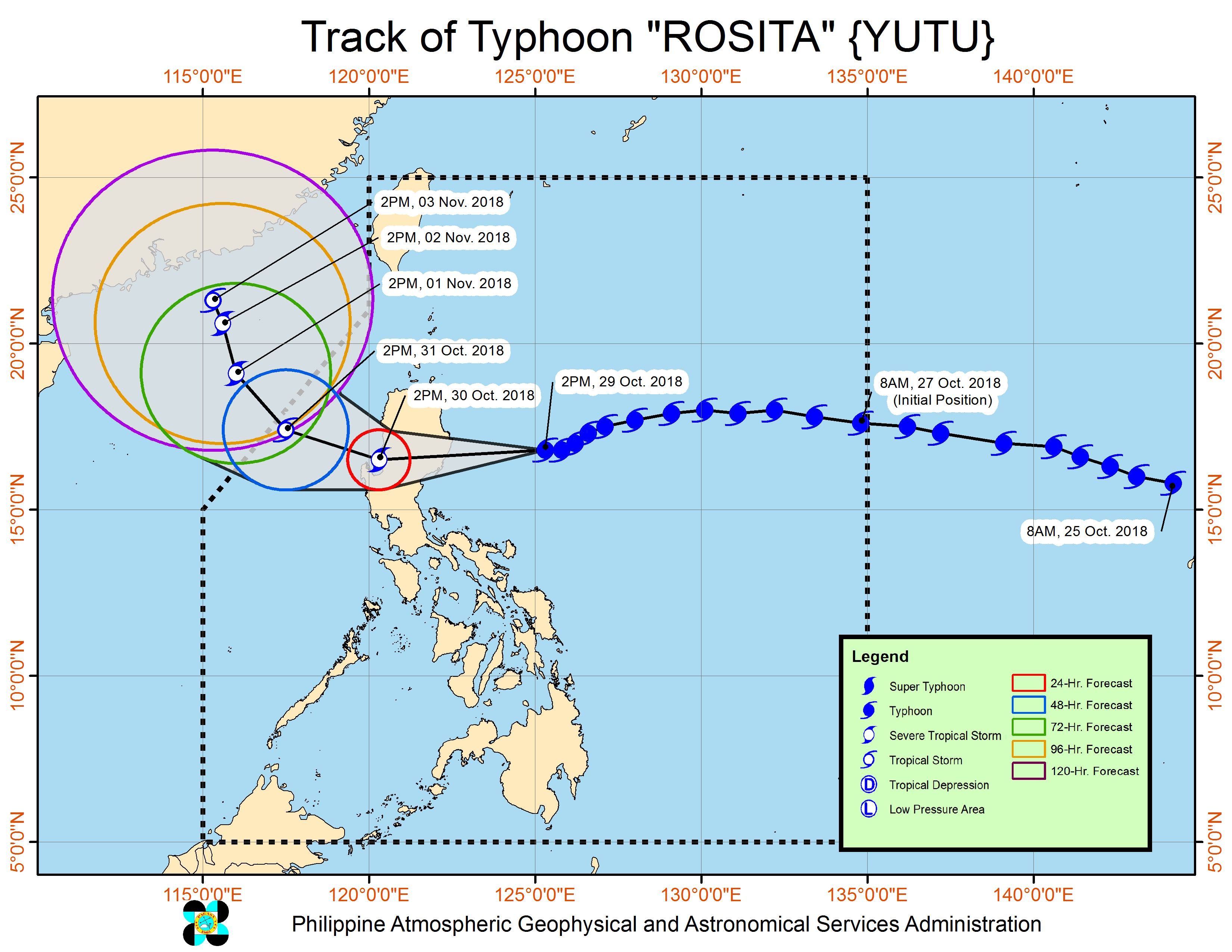 Forecast track of Typhoon Rosita (Yutu) as of October 29, 2018, 5 pm. Image from PAGASA 