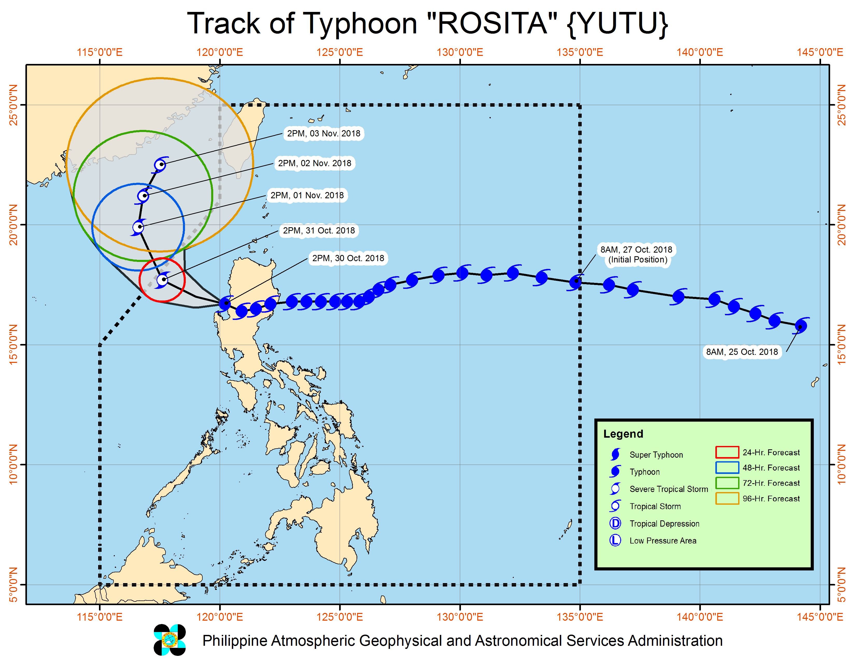 Forecast track of Typhoon Rosita (Yutu) as of October 30, 2018, 5 pm. Image from PAGASA 