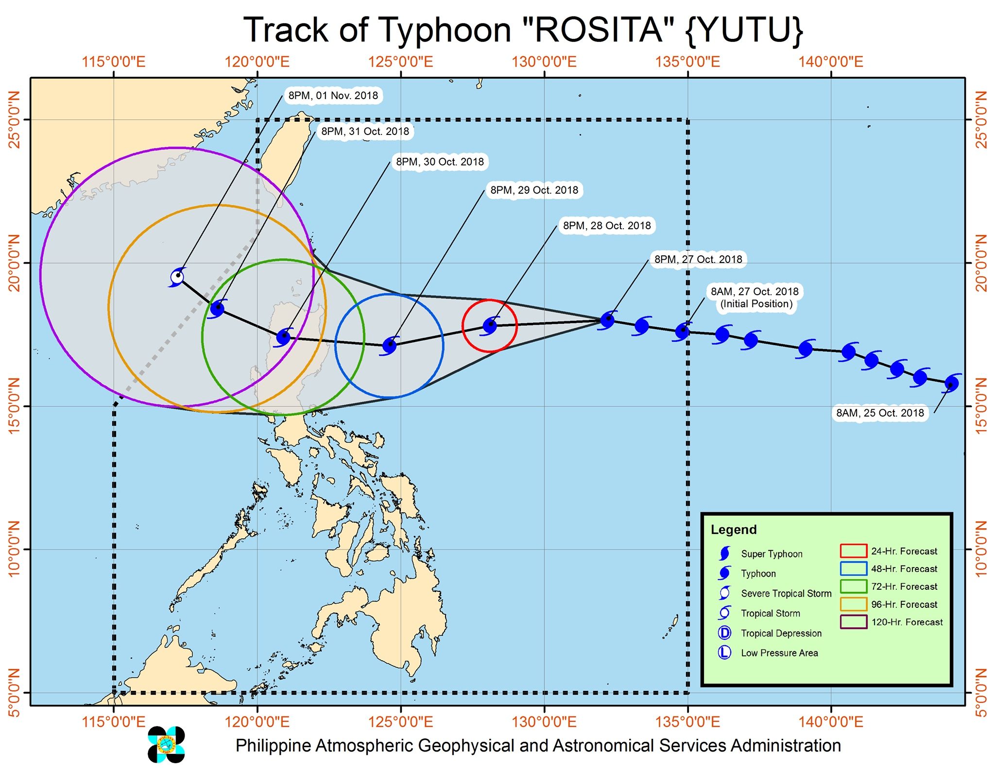 Forecast track of Typhoon Rosita (Yutu) as of October 27, 2018, 11 pm. Image from PAGASA 