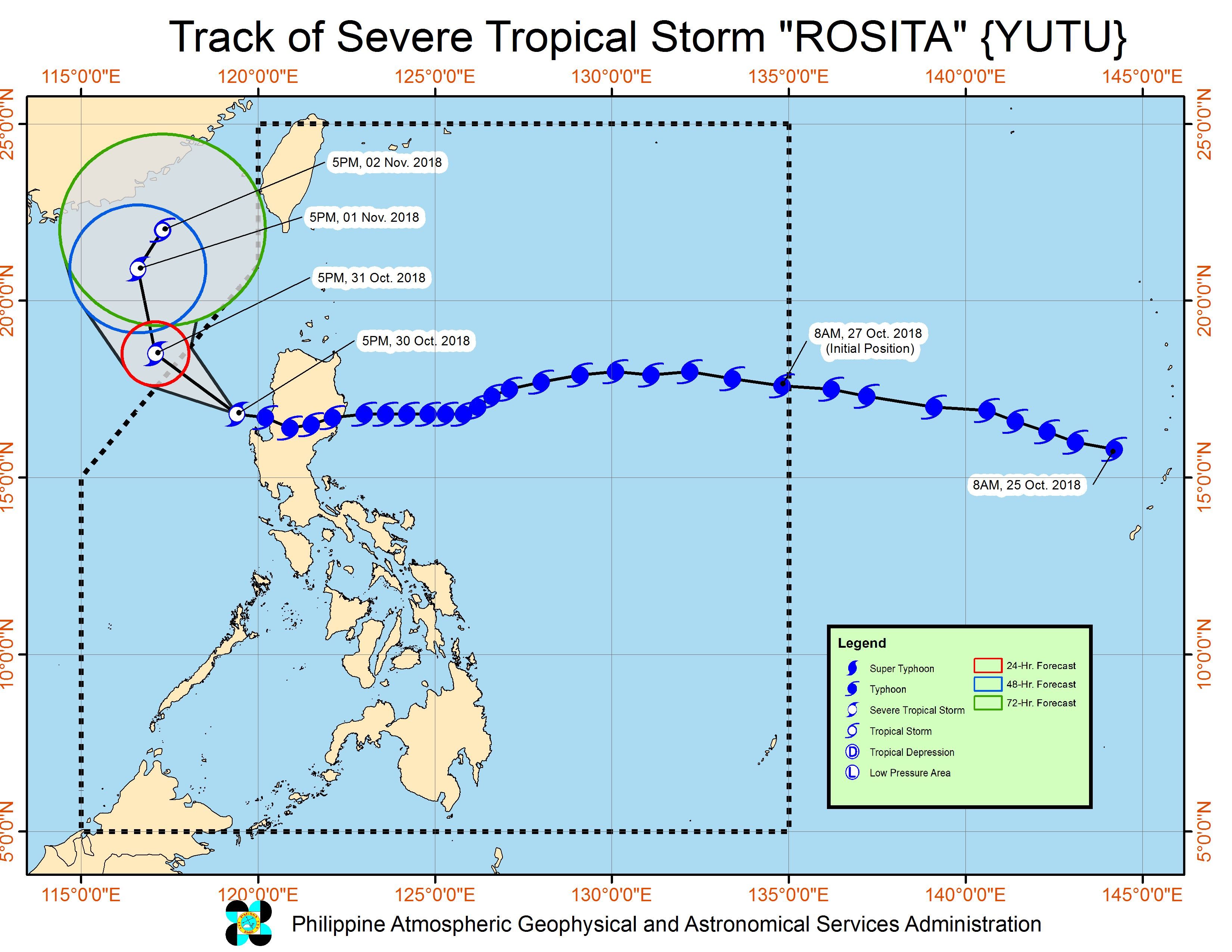 Forecast track of Severe Tropical Storm Rosita (Yutu) as of October 30, 2018, 8 pm. Image from PAGASA  