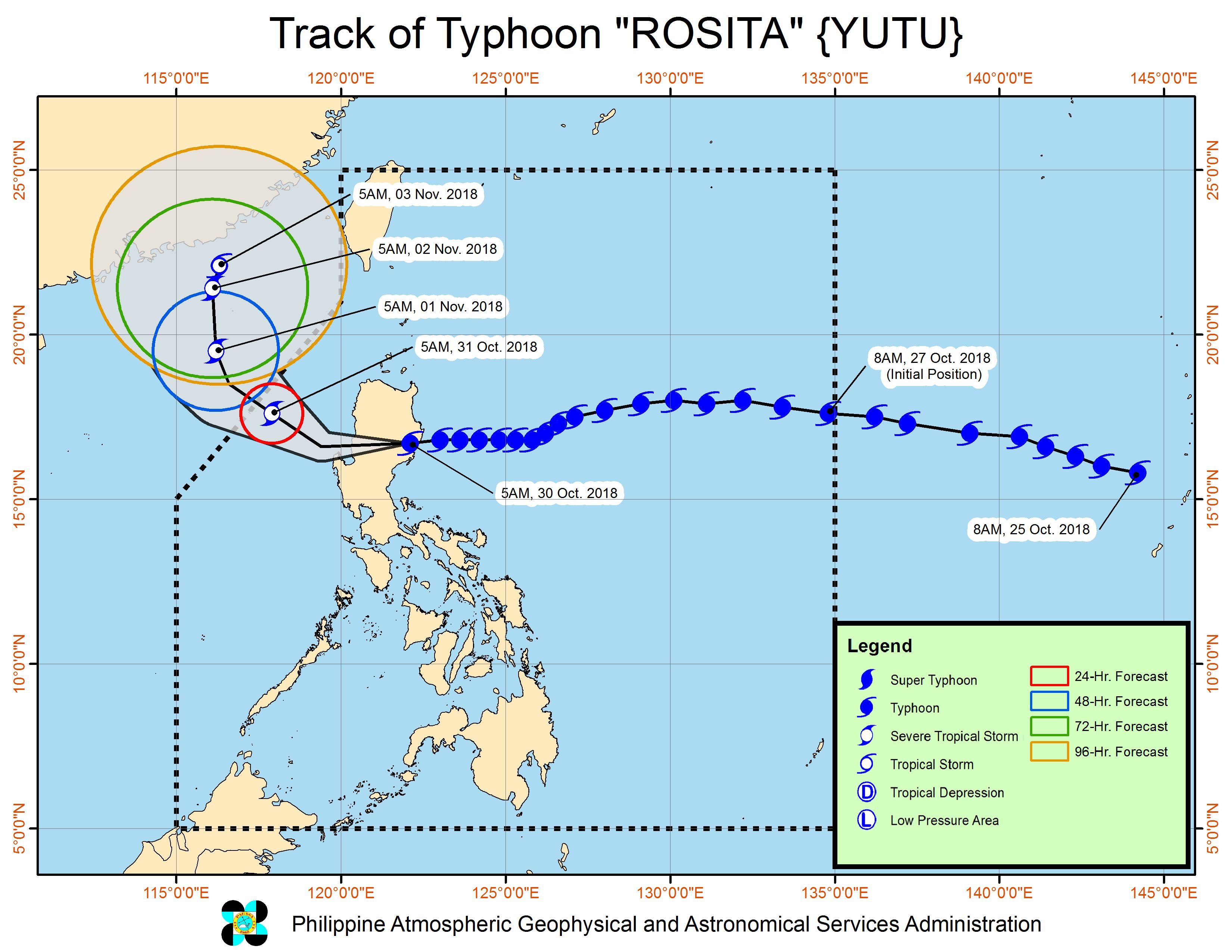Forecast track of Typhoon Rosita (Yutu) as of October 30, 2018, 8 am. Image from PAGASA 