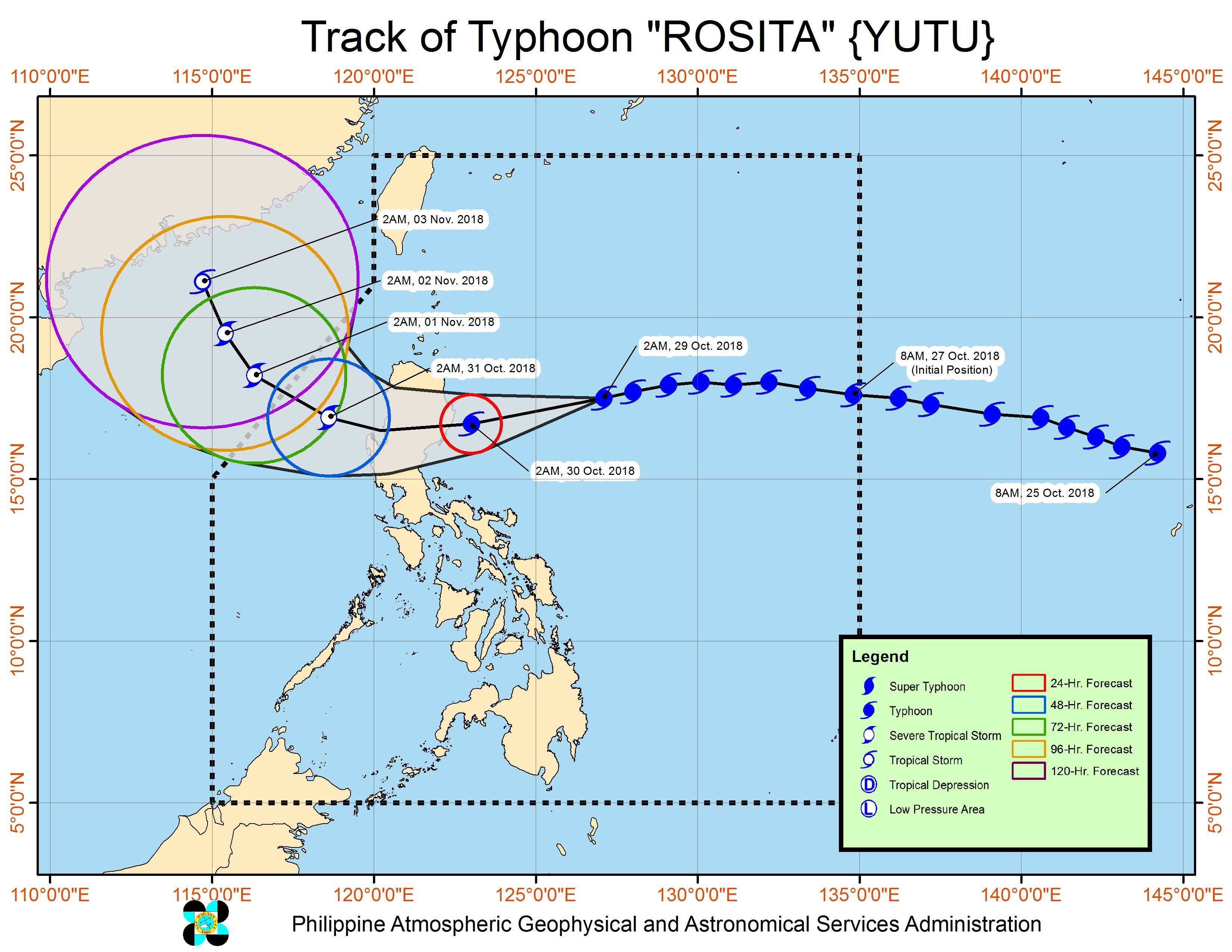 Forecast track of Typhoon Rosita (Yutu) as of October 29, 2018, 5 am. Image from PAGASA 