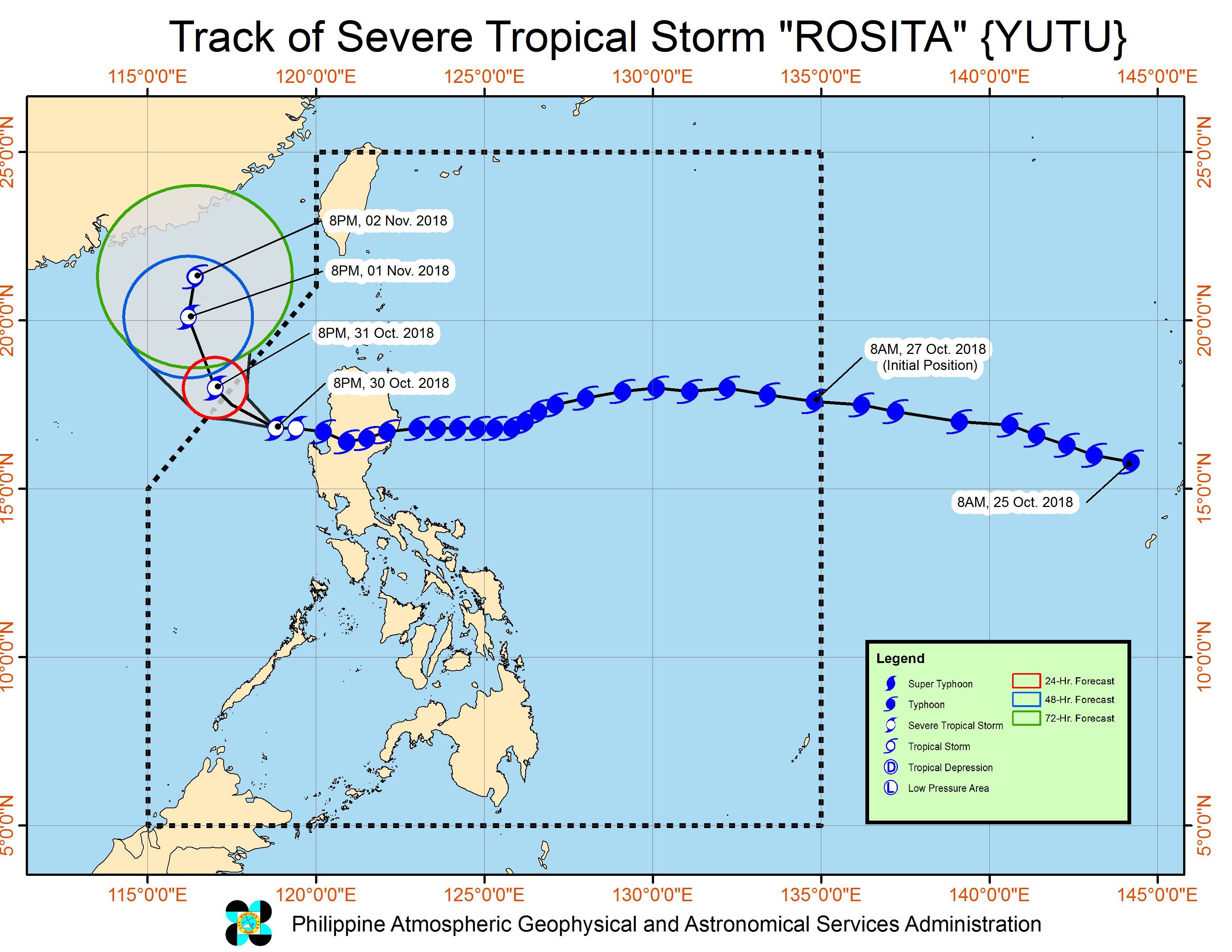 Forecast track of Severe Tropical Storm Rosita (Yutu) as of October 30, 2018, 11 pm. Image from PAGASA 