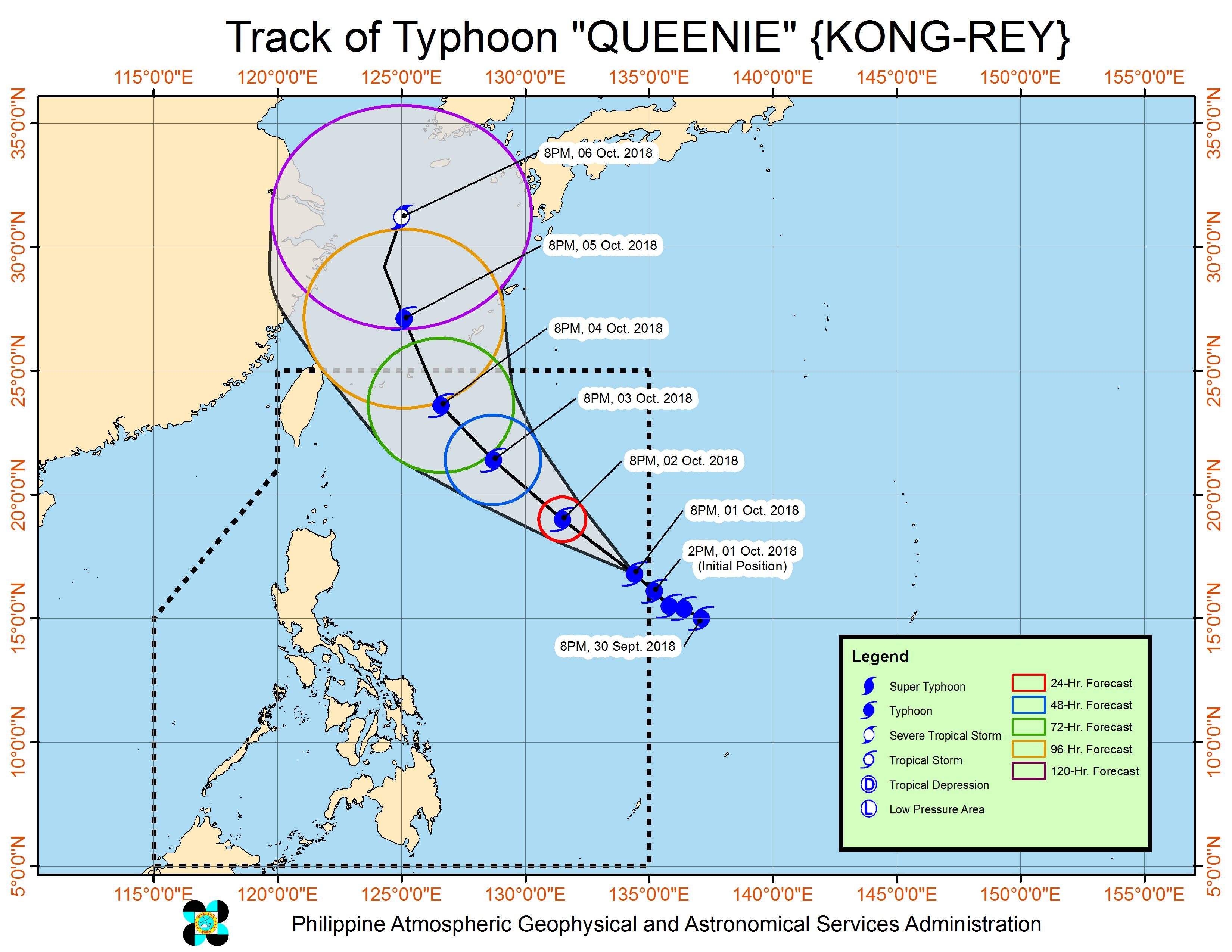 Forecast track of Typhoon Queenie (Kong-rey) as of October 1, 2018, 11 pm. Image from PAGASA 