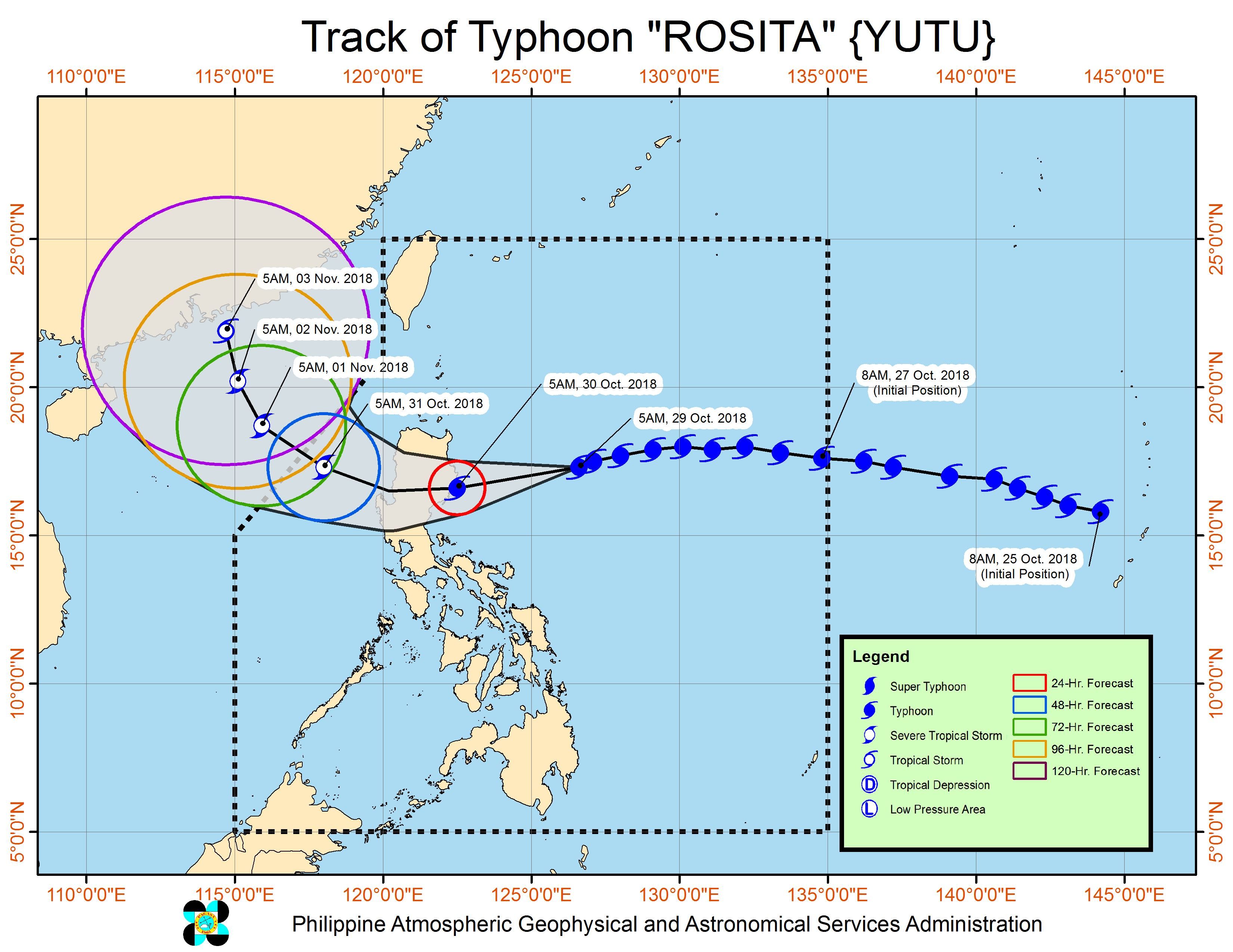Forecast track of Typhoon Rosita (Yutu) as of October 29, 2018, 8 am. Image from PAGASA 