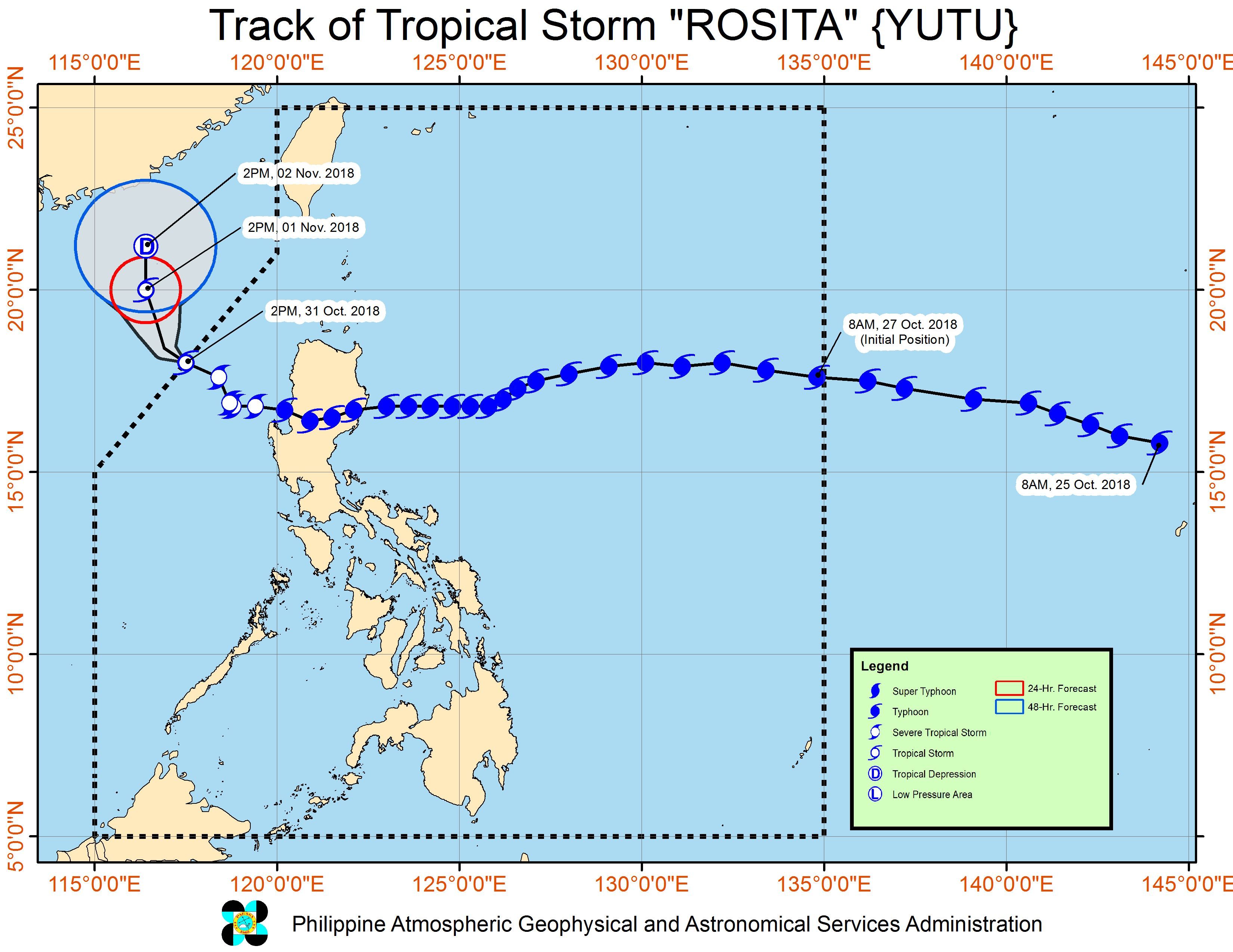 Forecast track of Tropical Storm Rosita (Yutu) as of October 31, 2018, 5 pm. Image from PAGASA 