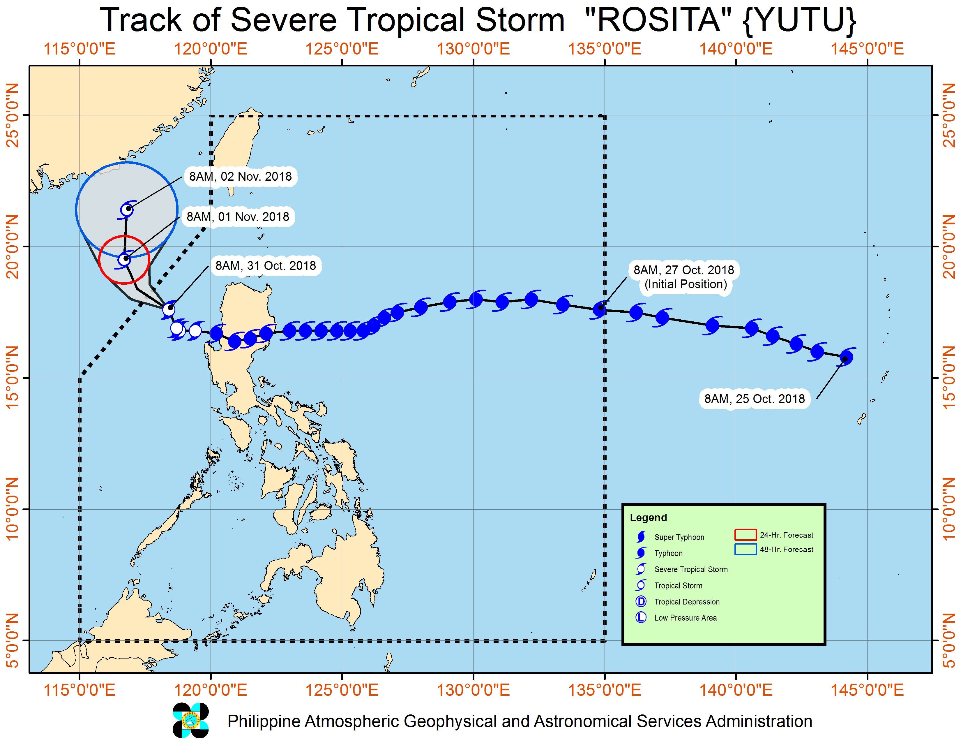 Forecast track of Severe Tropical Storm Rosita (Yutu) as of October 31, 2018, 11 am. Image from PAGASA 
