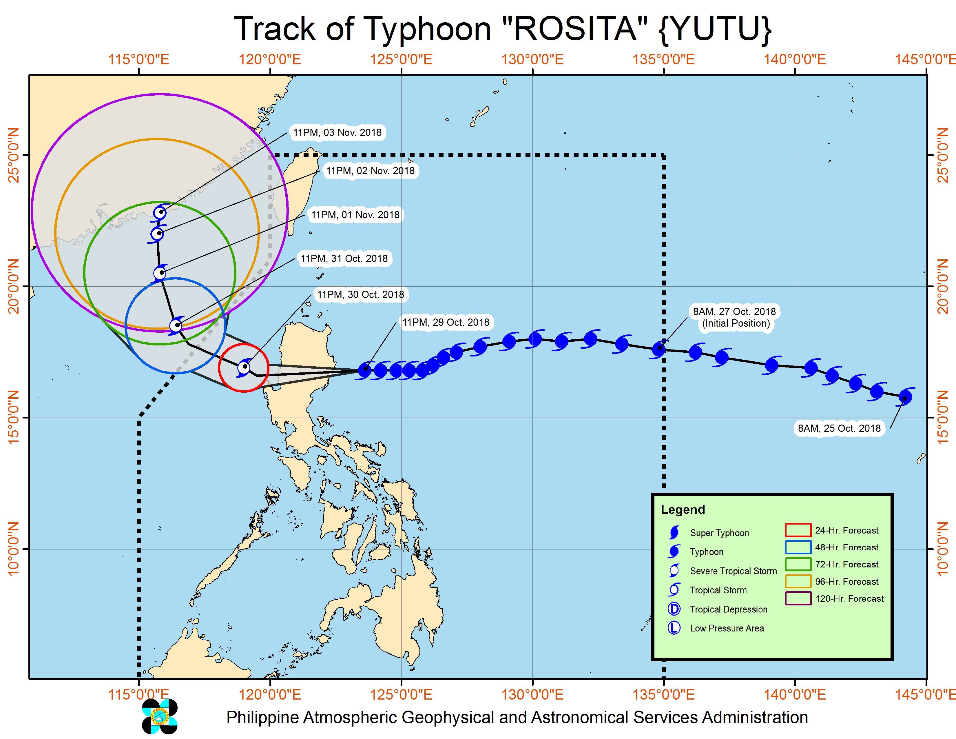 Forecast track of Typhoon Rosita (Yutu) as of October 30, 2018, 2 am. Image from PAGASA 