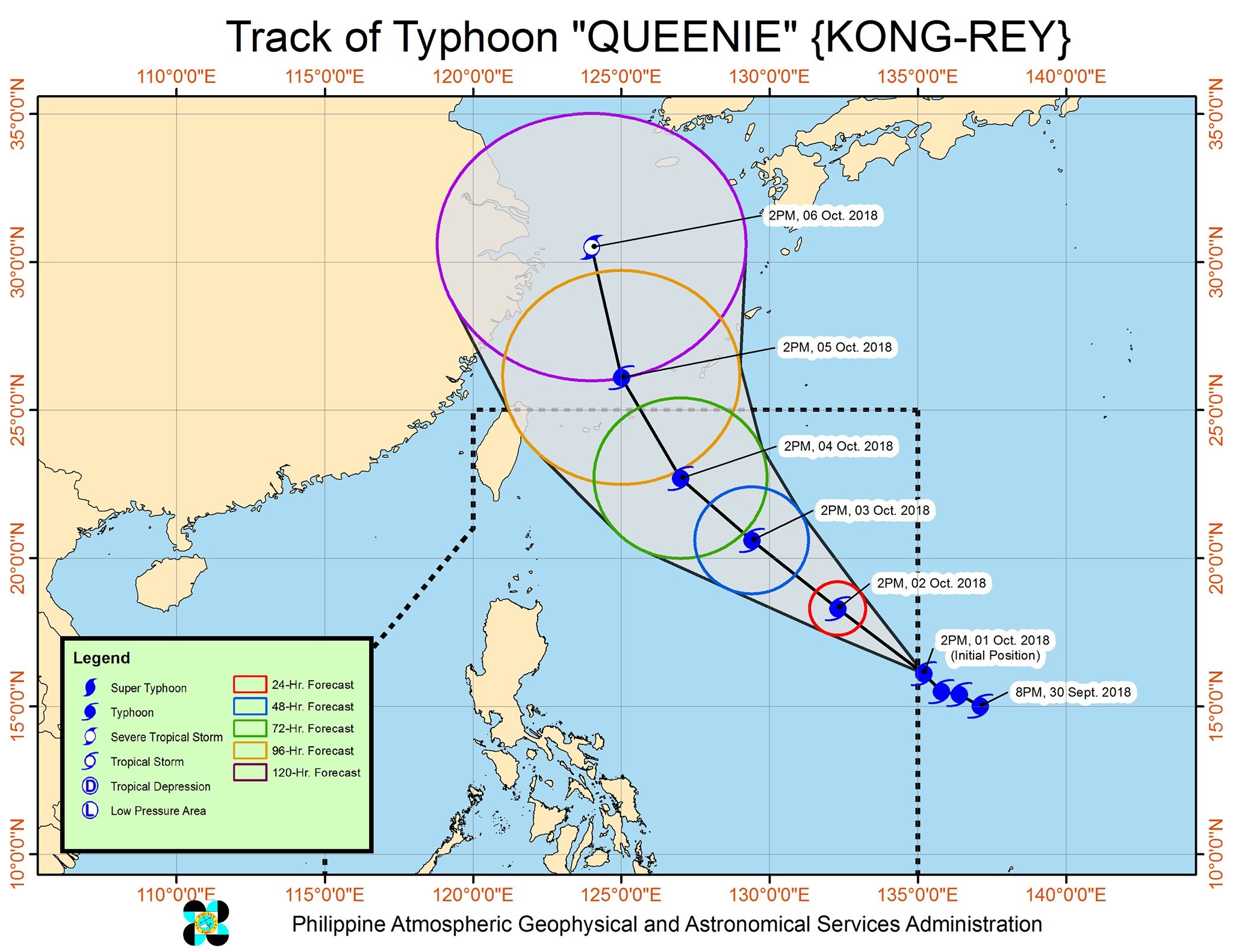 Forecast track of Typhoon Queenie (Kong-rey) as of October 1, 2018, 5 pm. Image from PAGASA 