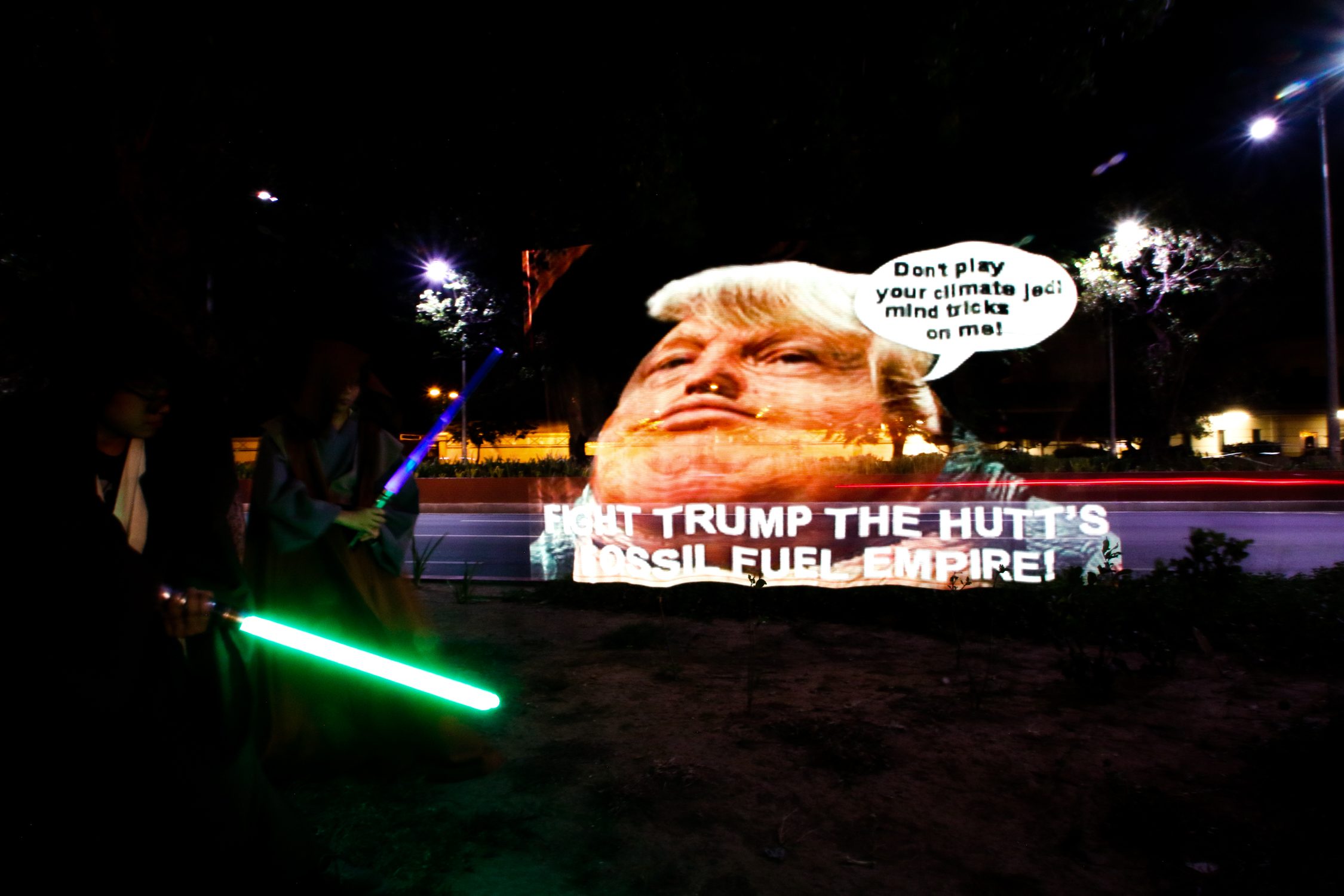 THE HUTT. Filipino climate Jedis calling for a global rebel alliance against “Trump the Hutt” and his fellow fossil fuel gangsters troop to the US Embassy Manila early morning of July 2, 2017, to protest President Donald Trump’s impending decision to pull out the United States from the Paris climate agreement. Photo by AC Dimatatac/Manila Climate Rebel Alliance   
