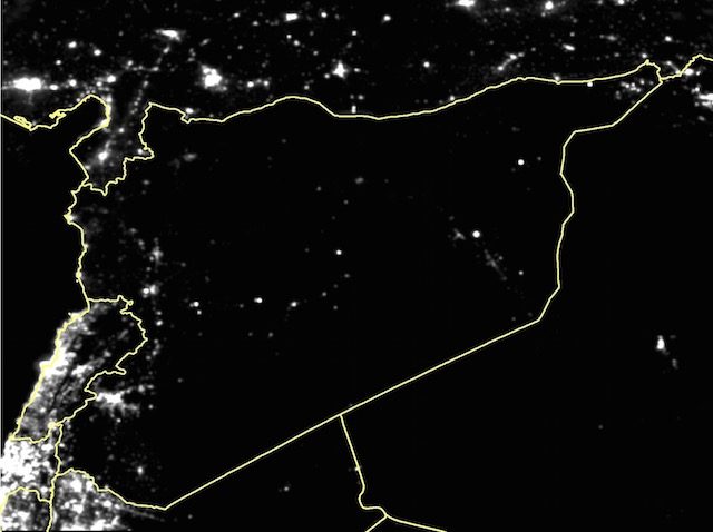 IN THE DARK. A Wuhan University handout made available on 12 March 2015 shows a satellite image of night light levels in Syria in February 2015. 83 percent of lights in Syria have gone out since the start of the conflict there, according to an analysis of nighttime satellite images of Syria since March 2011 by scientists based at Wuhan University in China. EPA/Xi Li / Wuhan University  