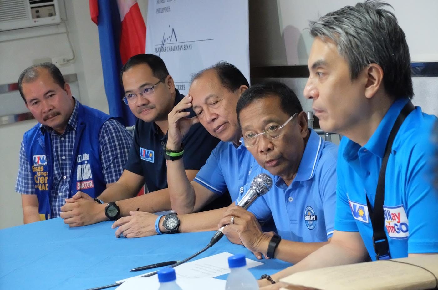 CLOSE ALLIES. Binay is joined by labor lawyer and UNA Senate bet Allan Montano, his spokesperson lawyer Rico Quicho, former Quezon Representative Danilo Suarez, and Navotas Representative Toby Tiangco, who is also UNA president. Photo by Alecs Ongcal/Rappler 