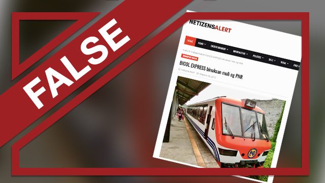 FALSE: PNR Bicol Express ‘reopened’ in September 2019
