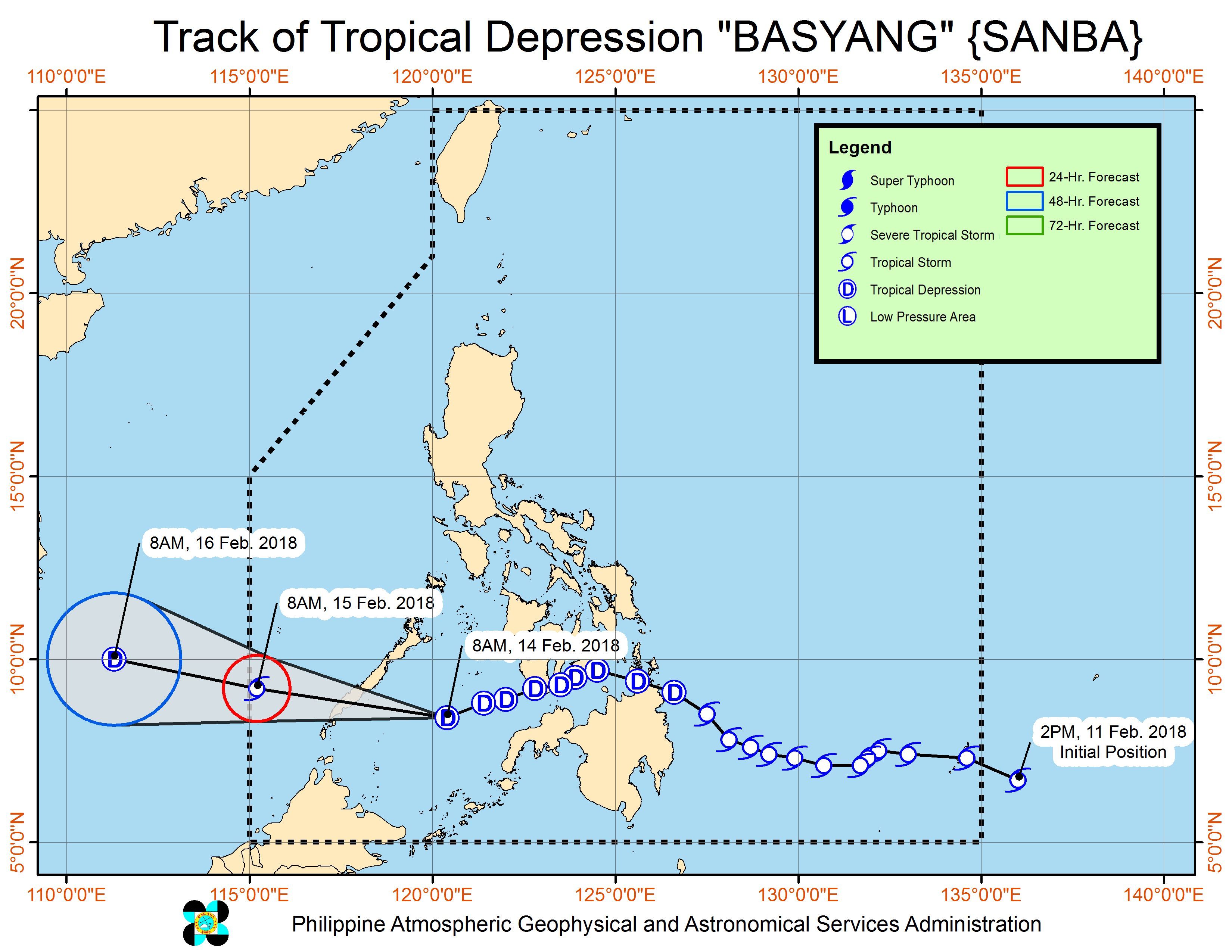 Forecast track of Tropical Depression Basyang as of February 14, 11 am. Image courtesy of PAGASA 