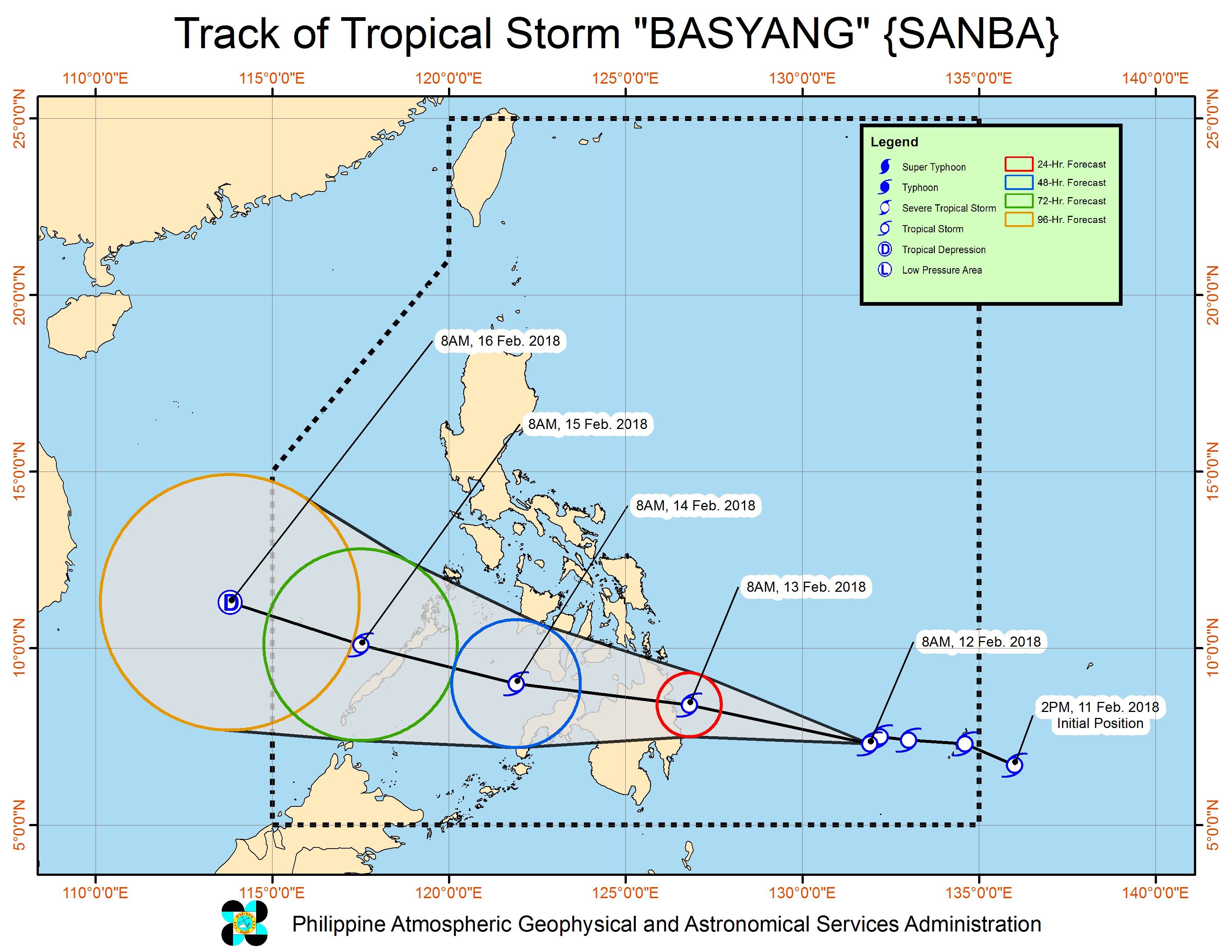Forecast track of Tropical Storm Basyang as of February 12, 11 am. Image courtesy of PAGASA 